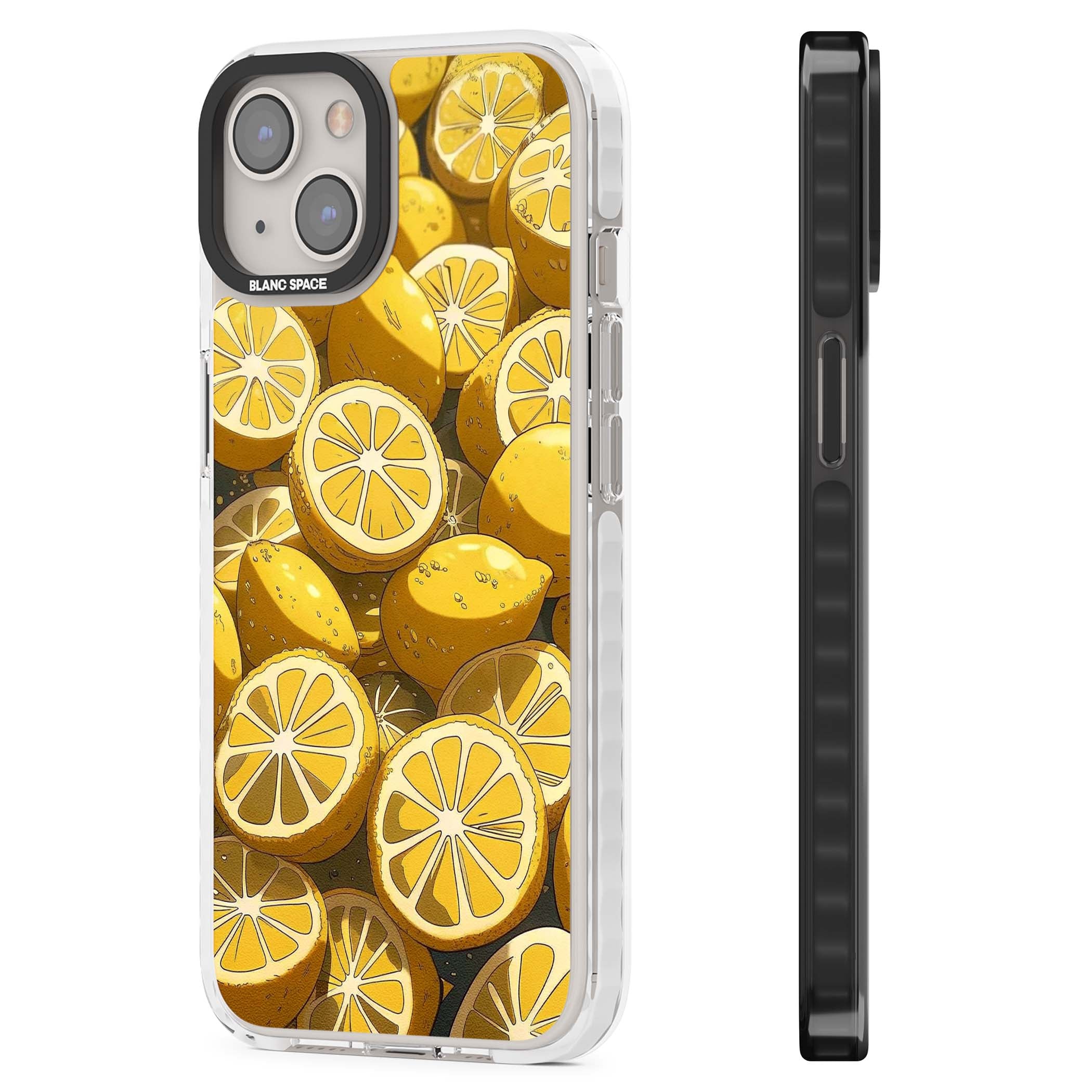 Zesty coastal iPhone case featuring illustrated Mediterranean lemons and citrus slices in golden yellow | Clear Impact case for iPhone 13, iPhone 14, iPhone 15