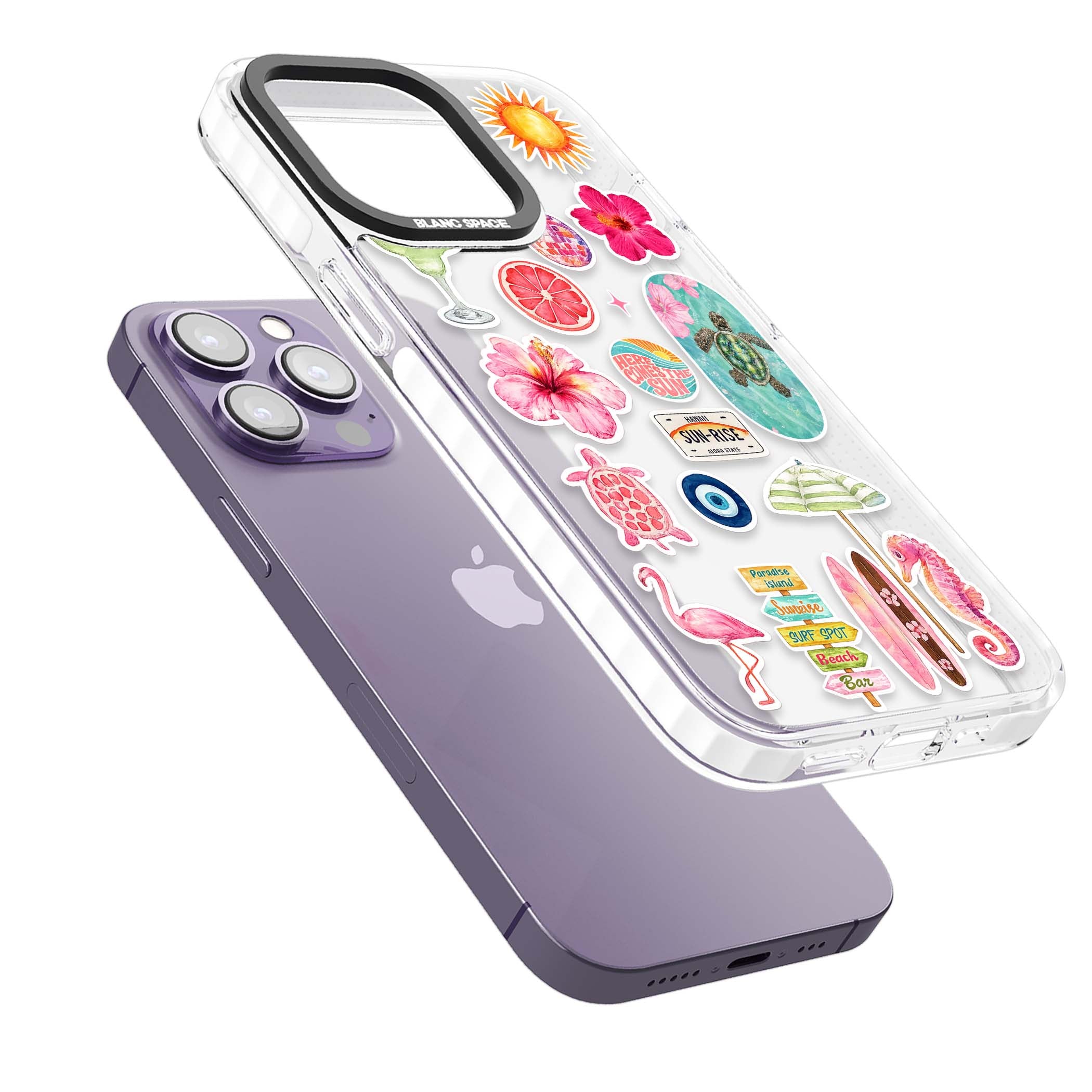 Aloha Sticker Mix tropical summer iPhone case featuring pink hibiscus, sea turtles, flamingo and beach umbrella stickers | Clear Impact case for iPhone 13 Pro, iPhone 14 Pro, iPhone 15 Pro