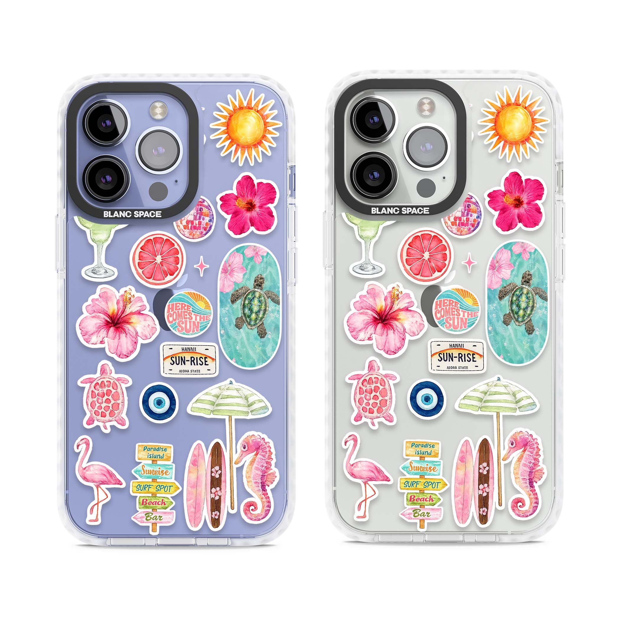 Aloha Sticker Mix tropical summer iPhone case featuring pink hibiscus, sea turtles, flamingo and beach umbrella stickers | Clear Impact case for iPhone 13 Pro, iPhone 14 Pro, iPhone 15 Pro