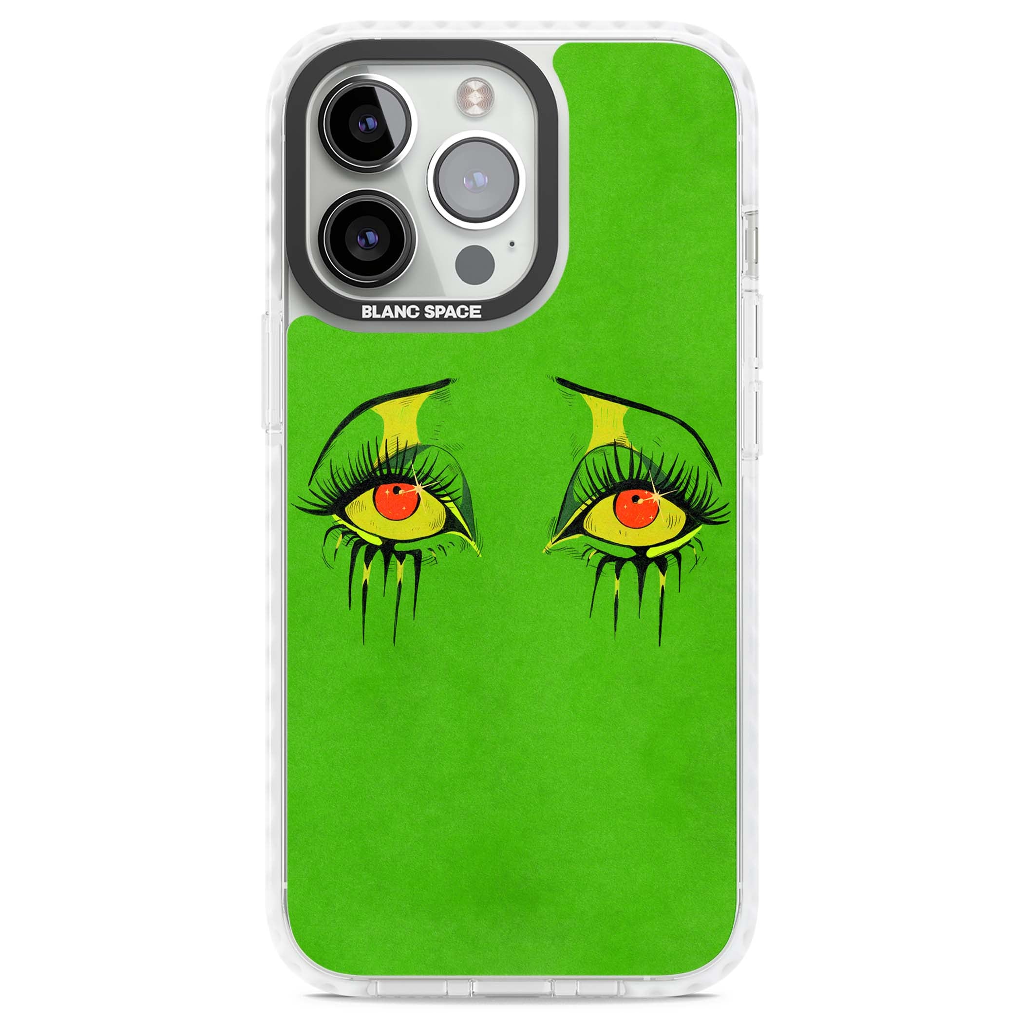 Green Enchanted Eyes psychedelic art iPhone case featuring hand-drawn dripping eyes on neon green background | Clear Impact case for iPhone 13 Pro, iPhone 14 Pro, iPhone 15 Pro