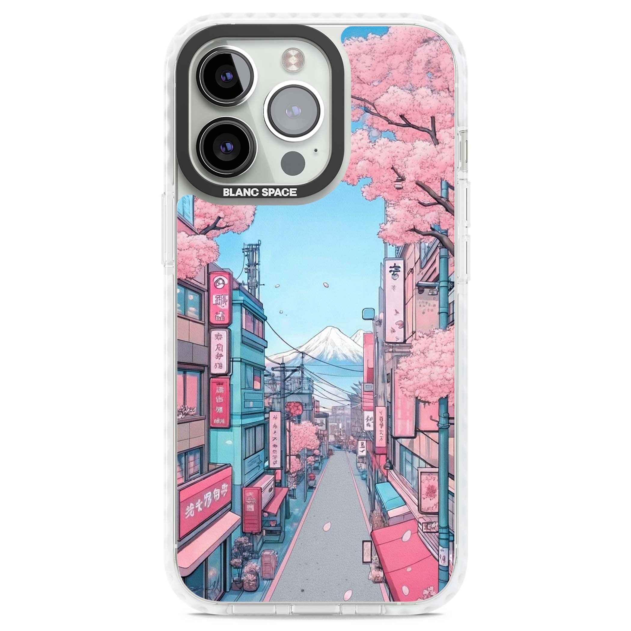 Sakura Lane anime iPhone case featuring Tokyo street scene with cherry blossoms and Mount Fuji | Clear Impact case for iPhone 13 Pro, iPhone 14 Pro, iPhone 15 Pro