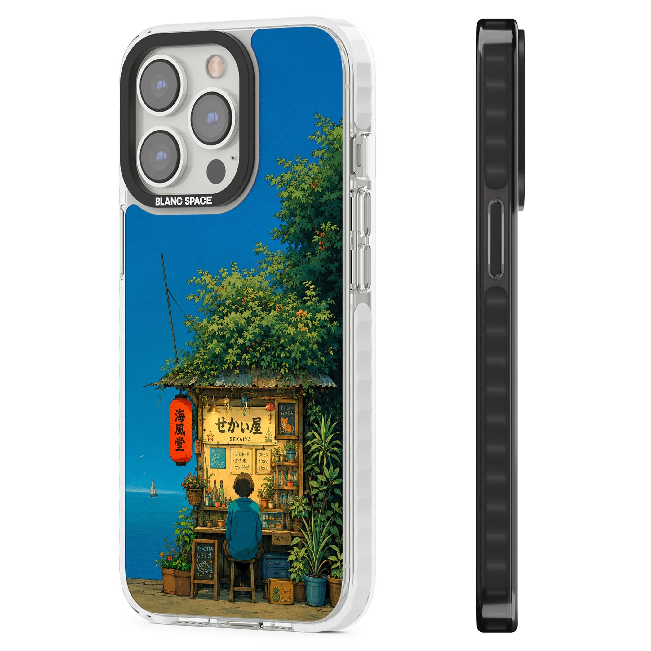 The Shirahama Kiosk anime iPhone case featuring a Japanese seaside shop, red paper lantern and ocean view | Clear Impact case for iPhone 13 Pro, iPhone 14 Pro, iPhone 15 Pro