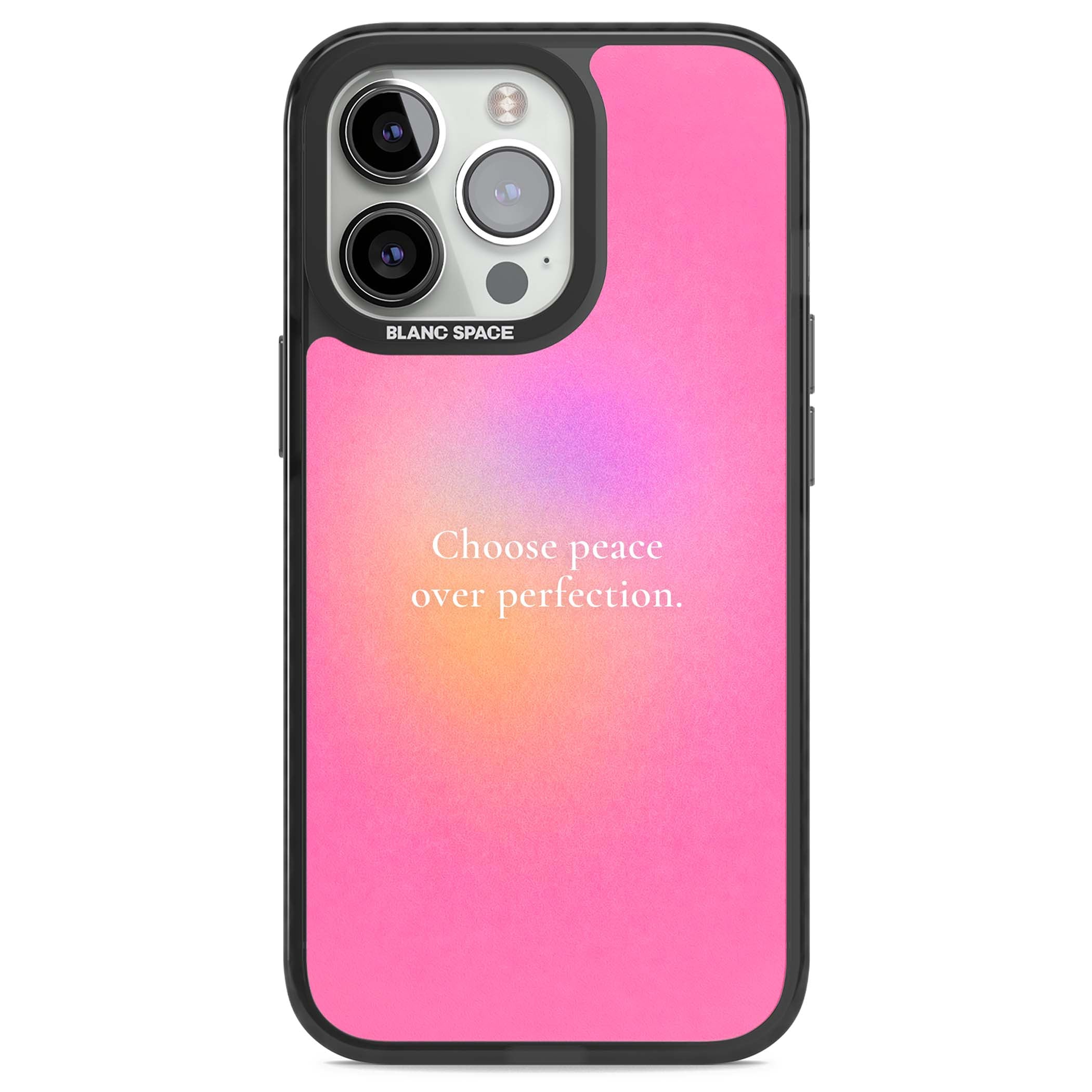 Peace Over Perfection quote iPhone case featuring a dreamy pink aura gradient and delicate white affirmation text | Black Impact case for iPhone 13 Pro, iPhone 14 Pro, iPhone 15 Pro