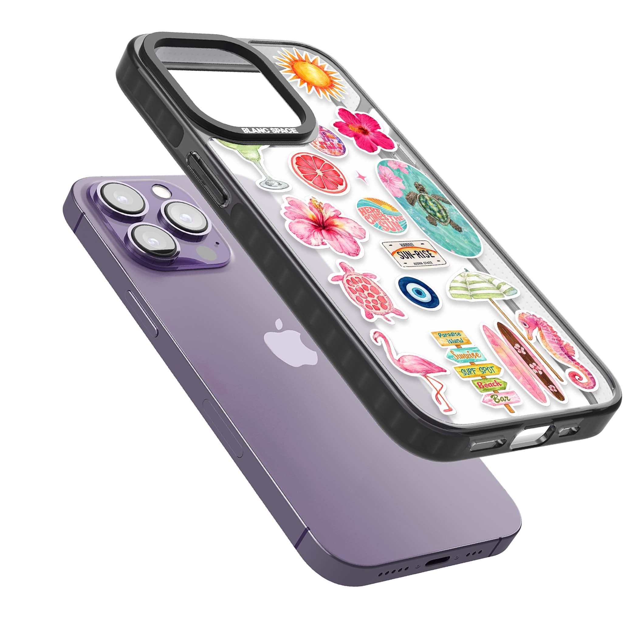 Aloha Sticker Mix tropical summer iPhone case featuring pink hibiscus, sea turtles, flamingo and beach umbrella stickers | Black Impact case for iPhone 13 Pro, iPhone 14 Pro, iPhone 15 Pro