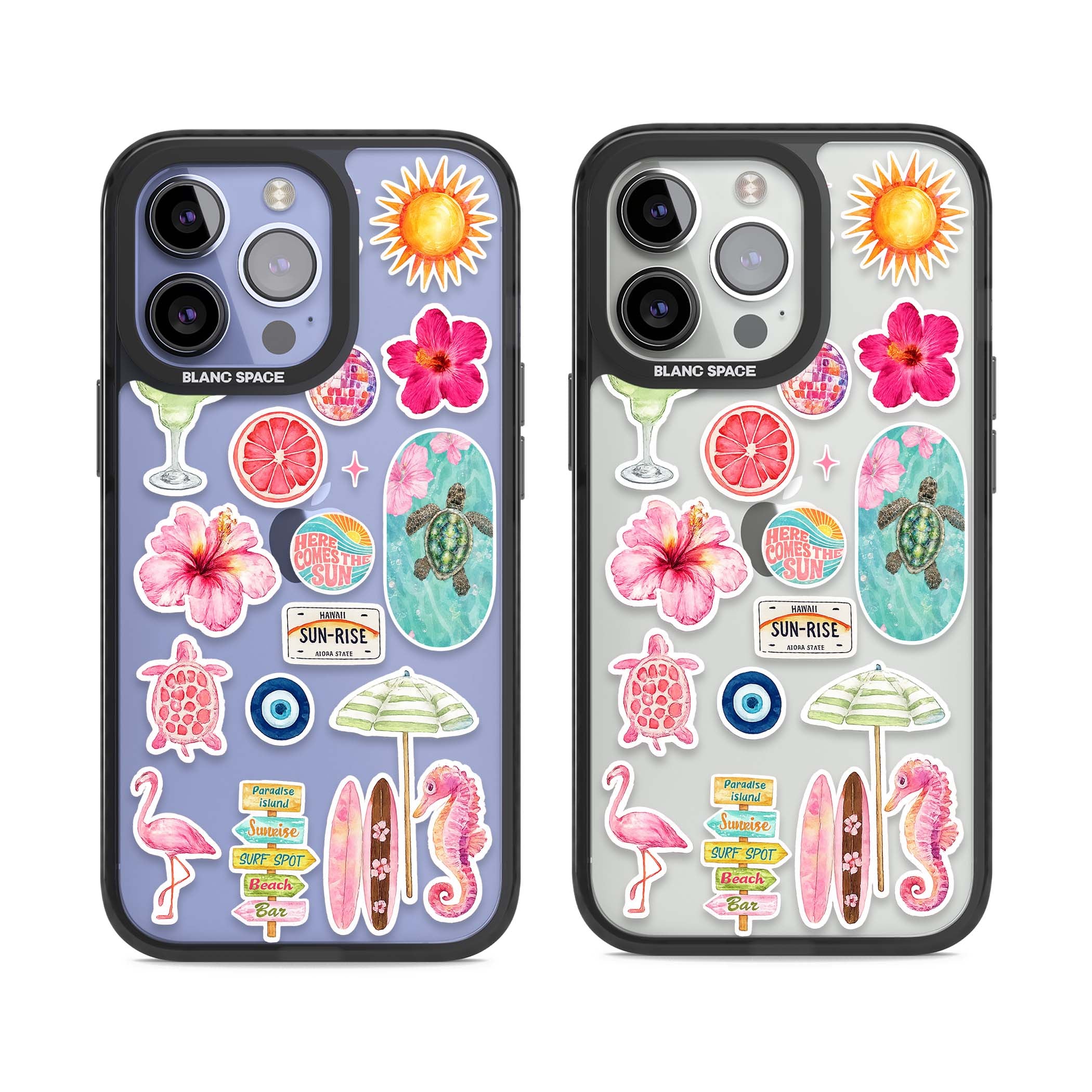 Aloha Sticker Mix tropical summer iPhone case featuring pink hibiscus, sea turtles, flamingo and beach umbrella stickers | Black Impact case for iPhone 13 Pro, iPhone 14 Pro, iPhone 15 Pro