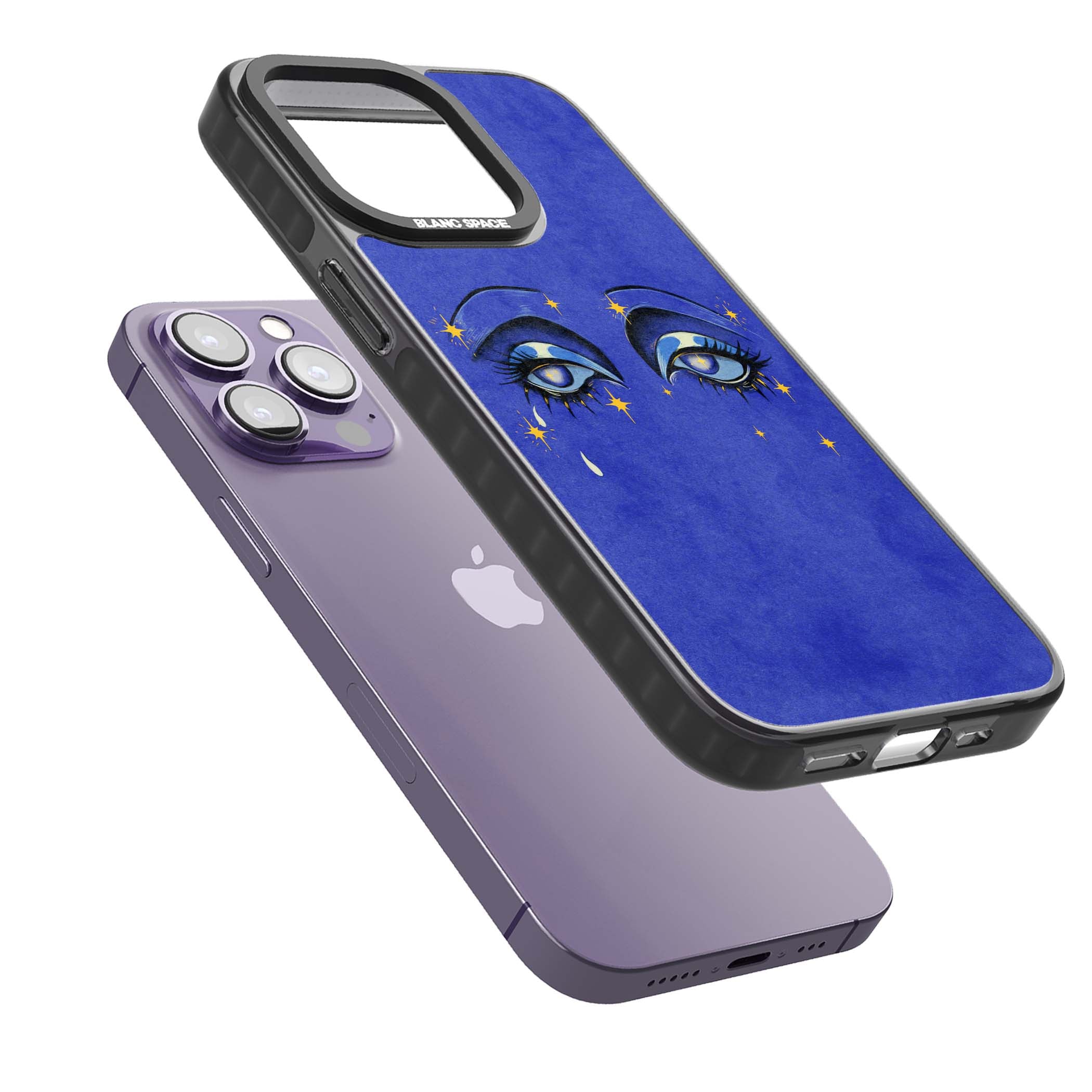 Blue Mystic Eyes celestial iPhone case featuring hand drawn blue mystical eyes, golden stars and a painted tear on indigo | Black Impact case for iPhone 13 Pro, iPhone 14 Pro, iPhone 15 Pro