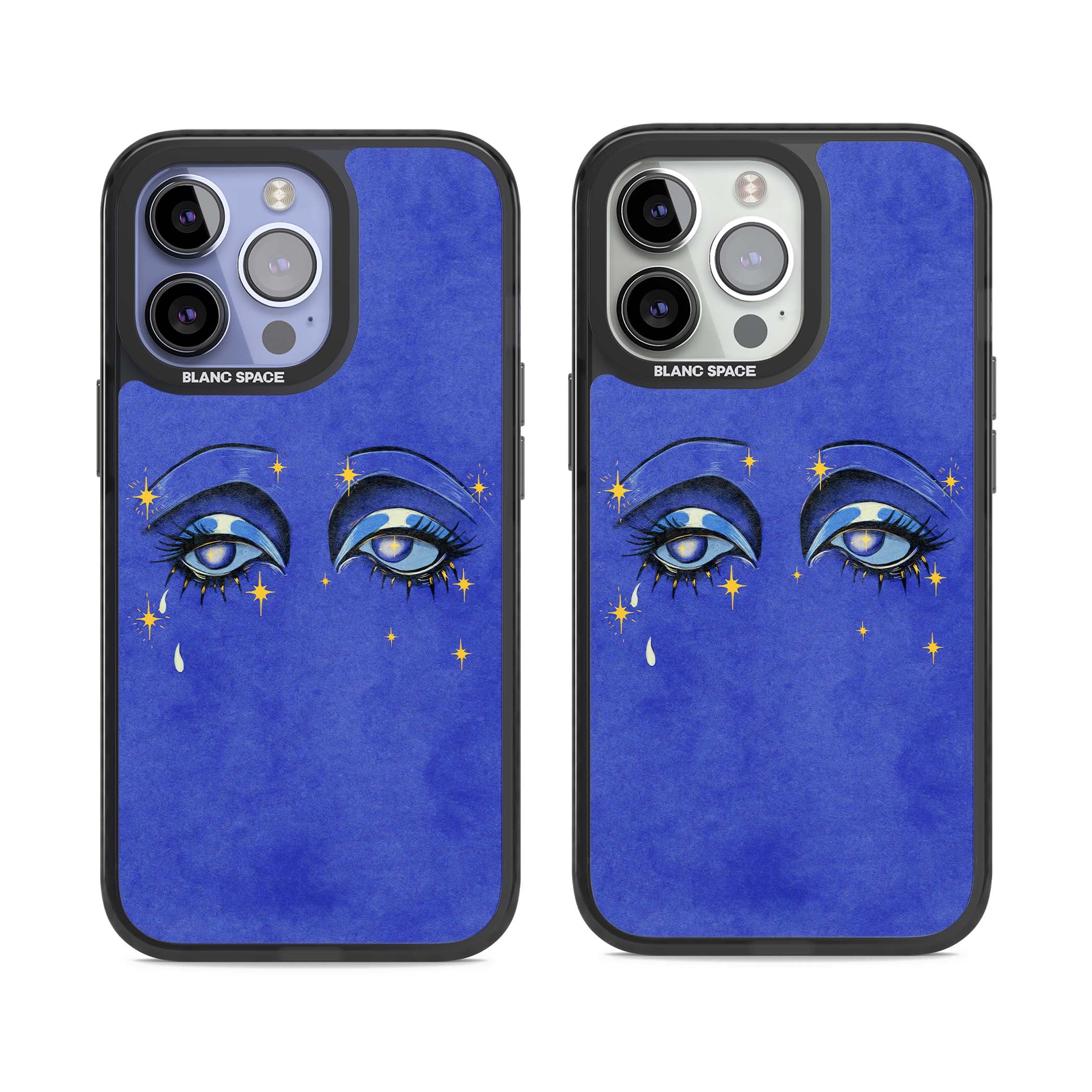 Blue Mystic Eyes celestial iPhone case featuring hand drawn blue mystical eyes, golden stars and a painted tear on indigo | Black Impact case for iPhone 13 Pro, iPhone 14 Pro, iPhone 15 Pro