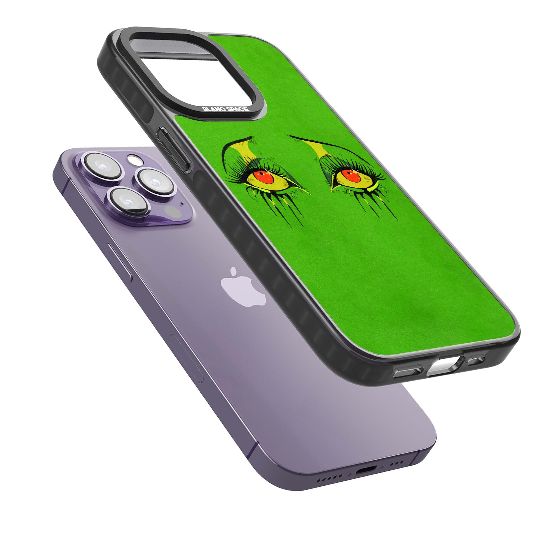 Green Enchanted Eyes psychedelic art iPhone case featuring hand-drawn dripping eyes on neon green background | Black Impact case for iPhone 13 Pro, iPhone 14 Pro, iPhone 15 Pro