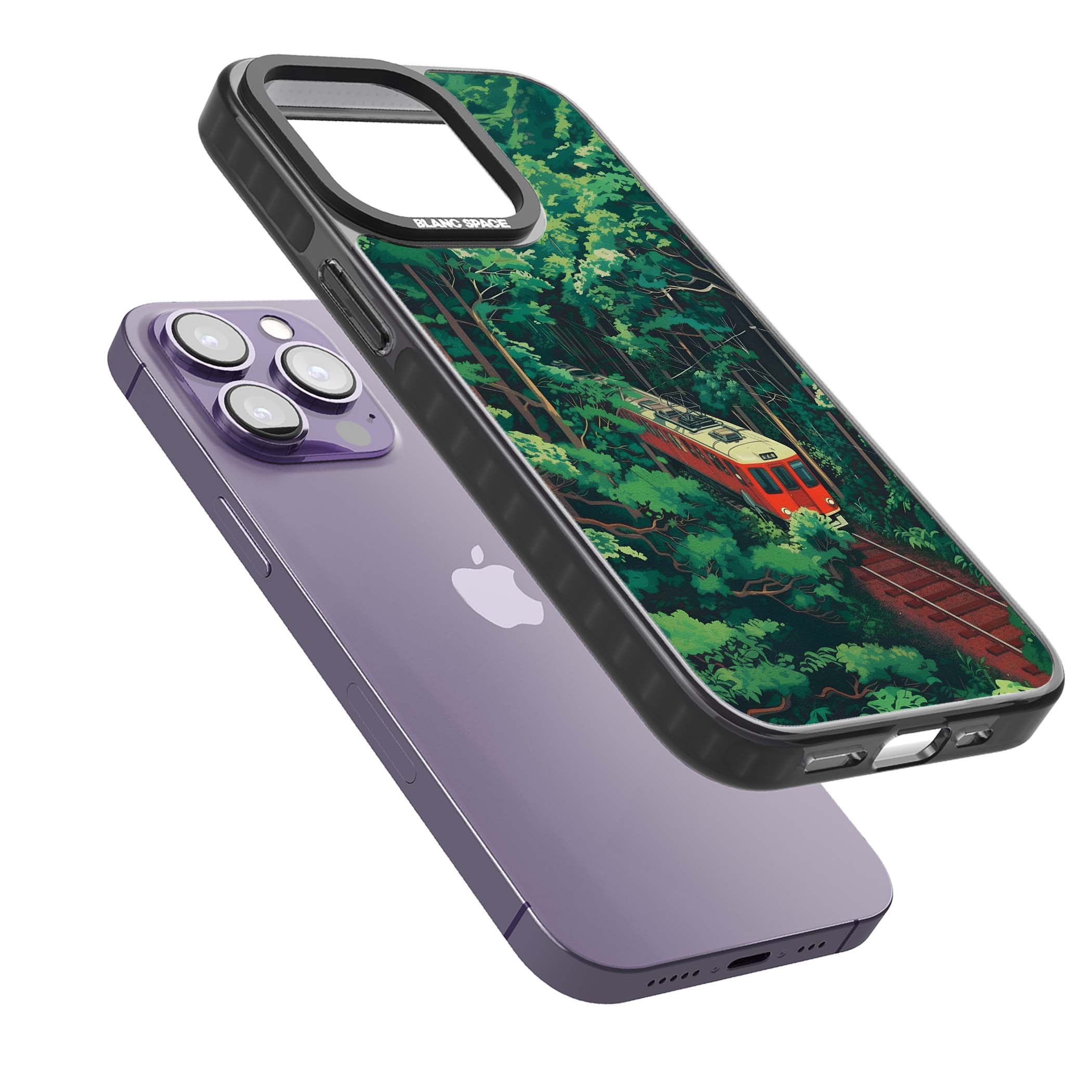 Railway In Toyama Japanese iPhone case featuring a red train, cedar forest and winding mountain railway tracks | Black Impact case for iPhone 13 Pro, iPhone 14 Pro, iPhone 15 Pro