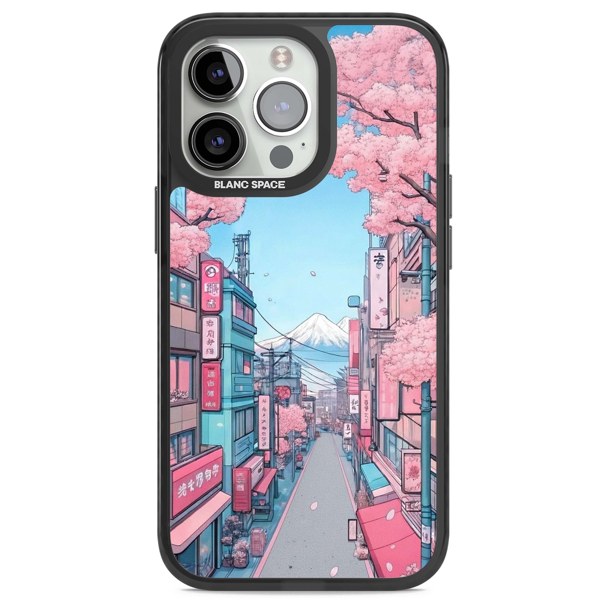 Sakura Lane anime iPhone case featuring Tokyo street scene with cherry blossoms and Mount Fuji | Black Impact case for iPhone 13 Pro, iPhone 14 Pro, iPhone 15 Pro