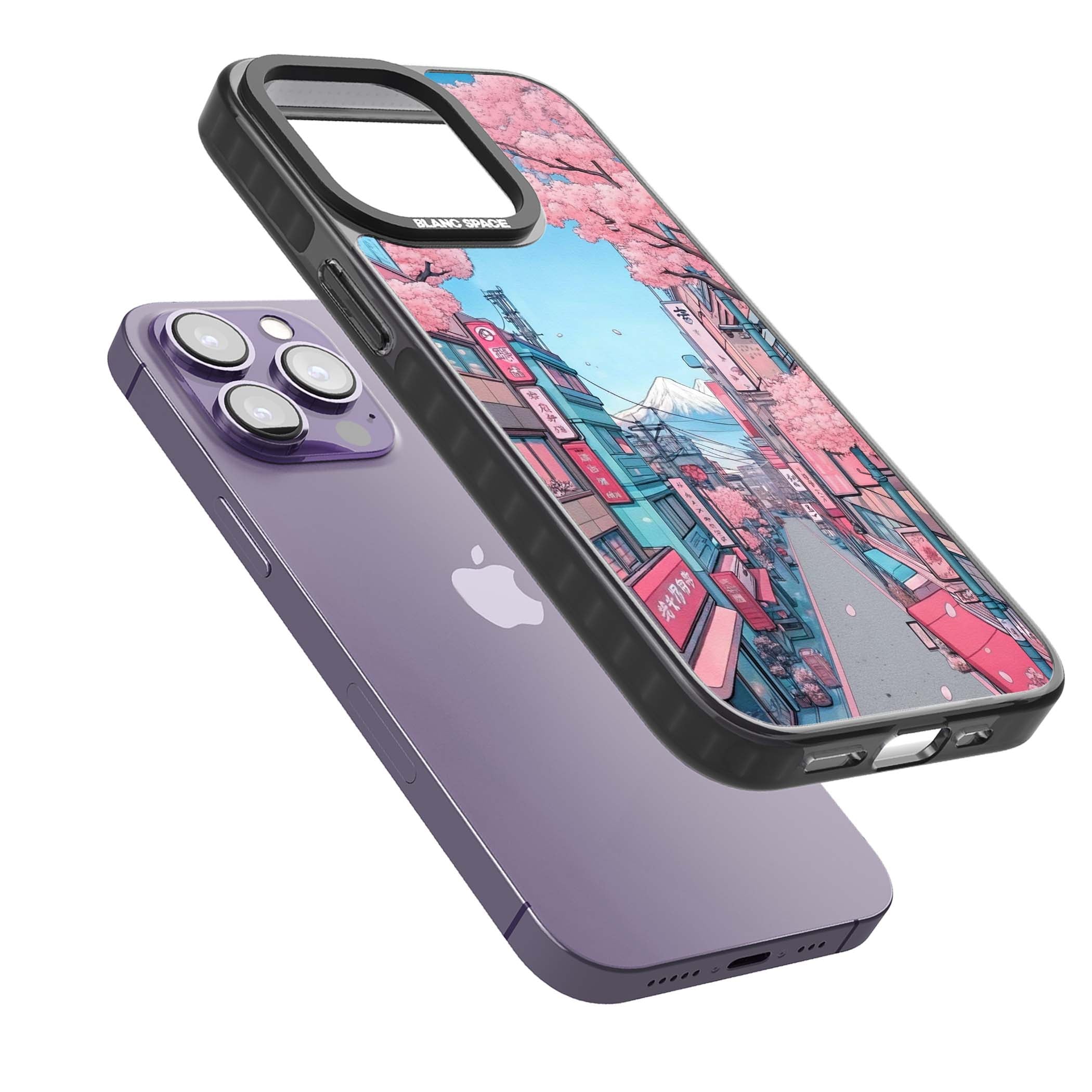 Sakura Lane anime iPhone case featuring Tokyo street scene with cherry blossoms and Mount Fuji | Black Impact case for iPhone 13 Pro, iPhone 14 Pro, iPhone 15 Pro
