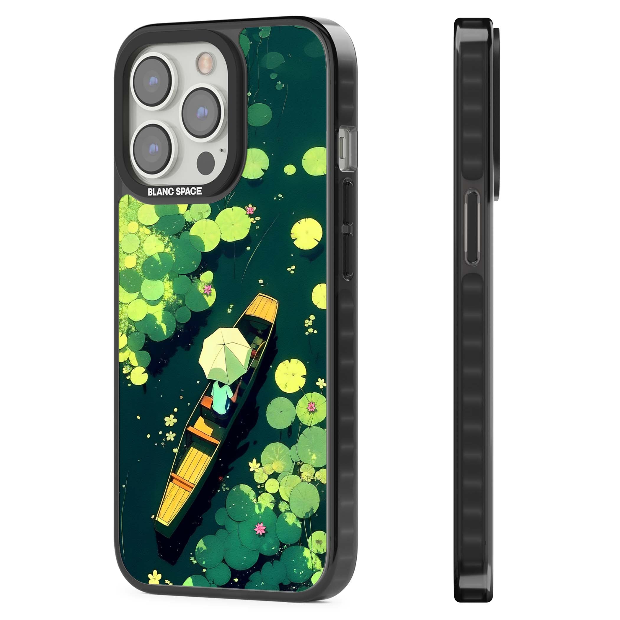 Jade Waters cottagecore iPhone case featuring a painted lily pond, wooden boat with parasol and floating water lilies | Black Impact case for iPhone 13 Pro, iPhone 14 Pro, iPhone 15 Pro