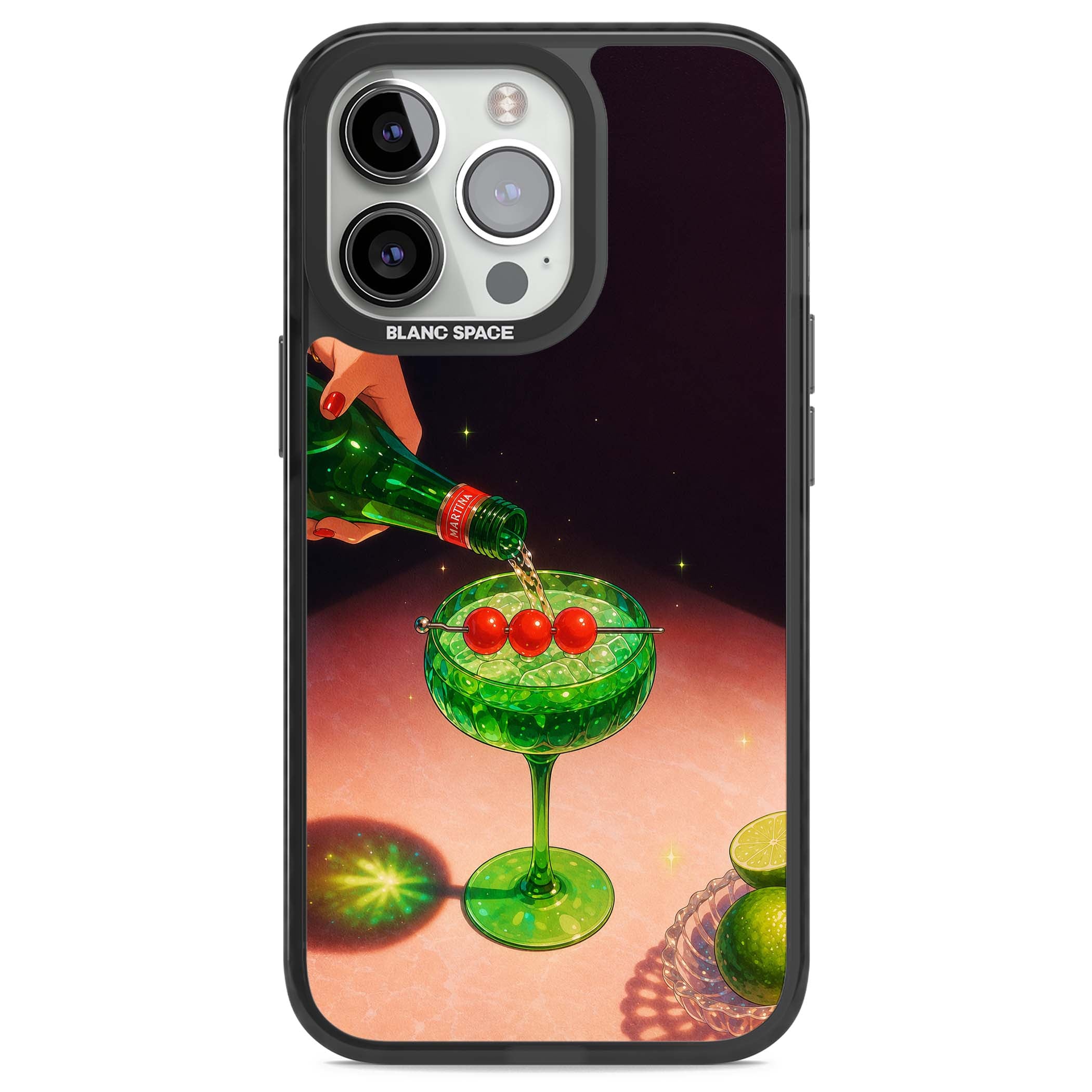 Absinthe Hour cocktail iPhone case featuring a green coupe glass, cherry garnish and vintage bottle pour illustration | Black Impact case for iPhone 13 Pro, iPhone 14 Pro, iPhone 15 Pro