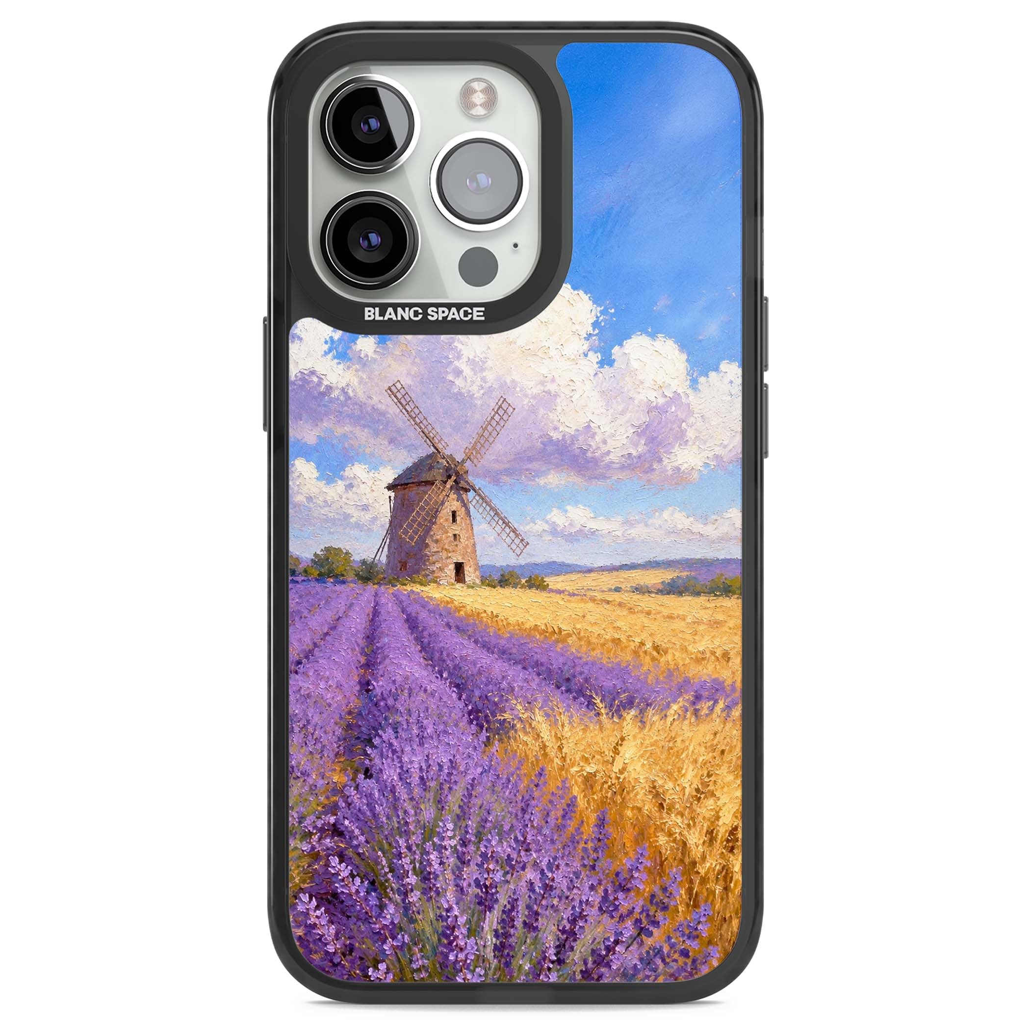 Lavender Mill cottagecore iPhone case featuring a French windmill, lavender field and golden wheat oil painting | Black Impact case for iPhone 13 Pro, iPhone 14 Pro, iPhone 15 Pro