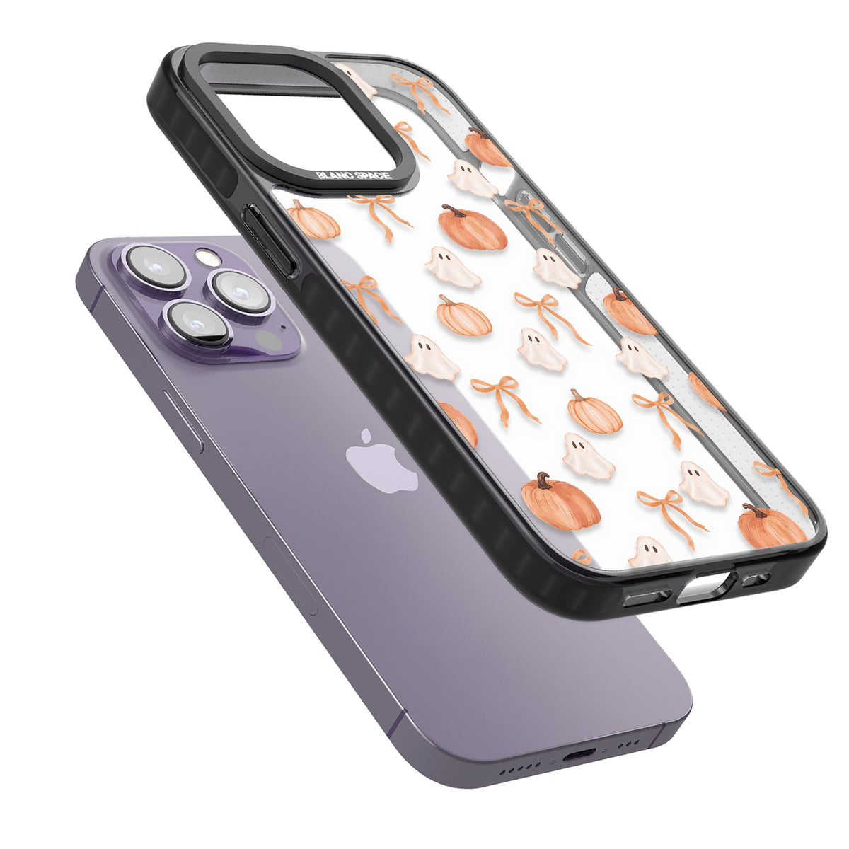 Bows, Ghosts & Pumpkins iPhone 12 Pro Max / iPhone 13 Pro / iPhone 13 Pro Max / iPhone 14 Pro / iPhone 14 Pro Max / iPhone 15 Pro / iPhone 15 Pro Max Impact Black Phone Case angled