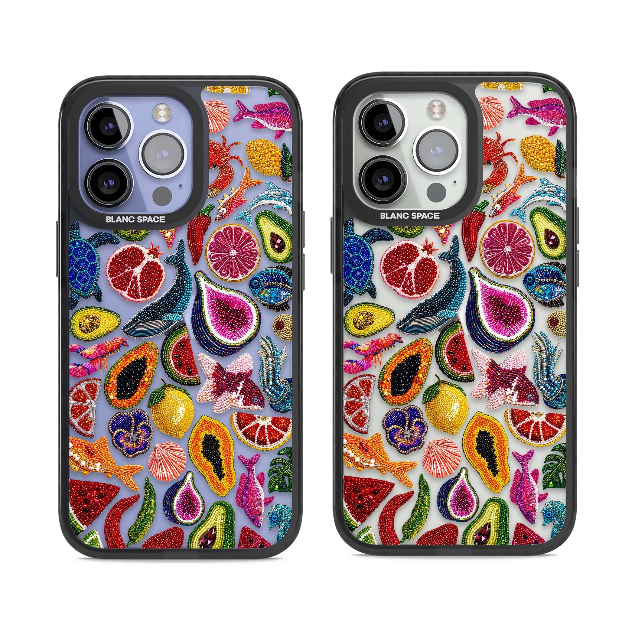 Beaded Tropic tropical iPhone case featuring beaded fruit, fish, crabs and seashells in vibrant colour | Black Impact case for iPhone 13 Pro, iPhone 14 Pro, iPhone 15 Pro
