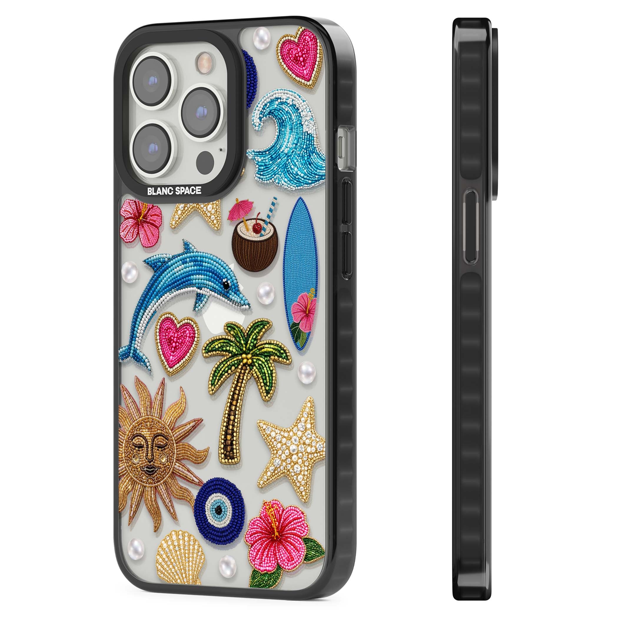Beaded Beach coastal summer iPhone case featuring embroidered evil eye, hibiscus flowers, dolphin and palm tree patches | Black Impact case for iPhone 13 Pro, iPhone 14 Pro, iPhone 15 Pro