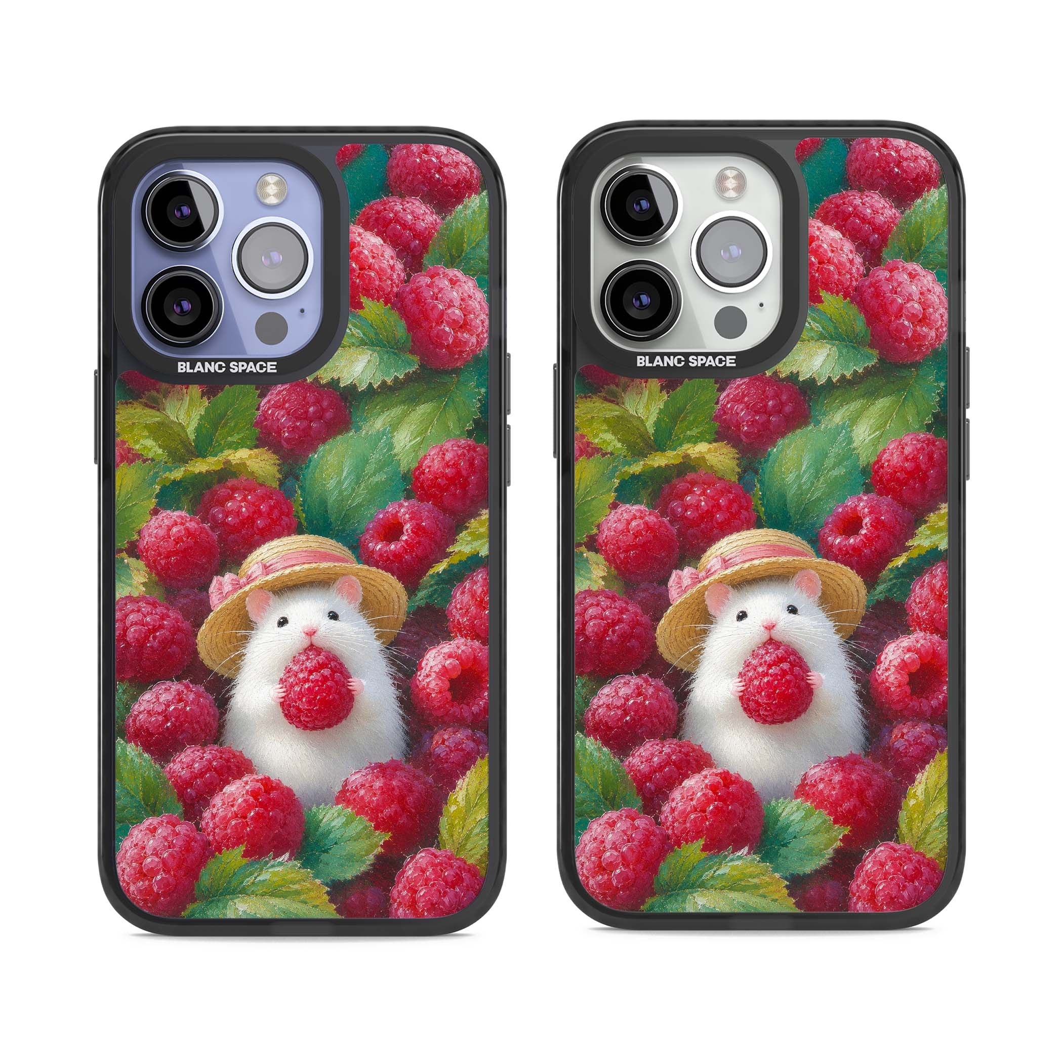 Berry Forager cottagecore iPhone case featuring a white hamster in a straw hat holding a raspberry surrounded by ripe ber | Black Impact case for iPhone 13 Pro, iPhone 14 Pro, iPhone 15 Pro