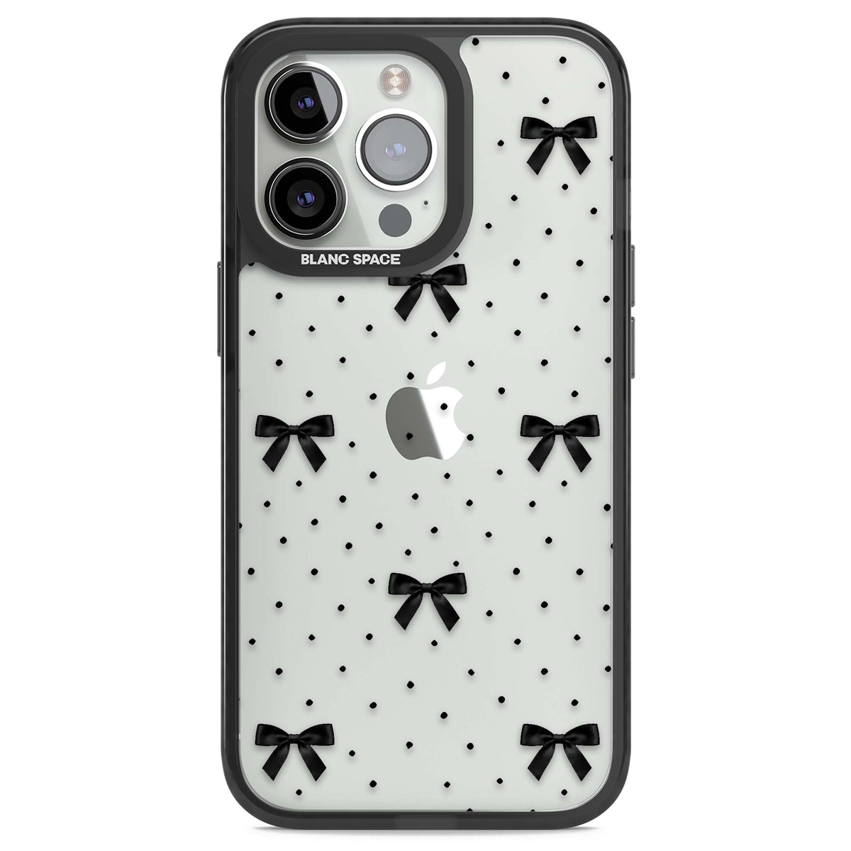 Black Polka Bows coquette iPhone case featuring scattered black satin bows and tiny polka dots on a clear base | Black Impact case for iPhone 13 Pro, iPhone 14 Pro, iPhone 15 Pro