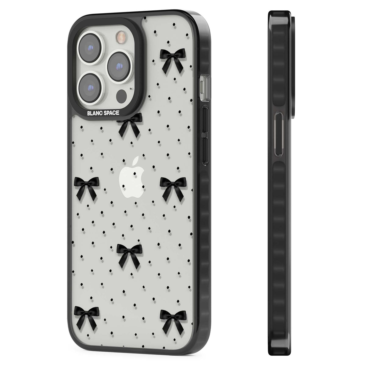 Black Polka Bows coquette iPhone case featuring scattered black satin bows and tiny polka dots on a clear base | Black Impact case for iPhone 13 Pro, iPhone 14 Pro, iPhone 15 Pro