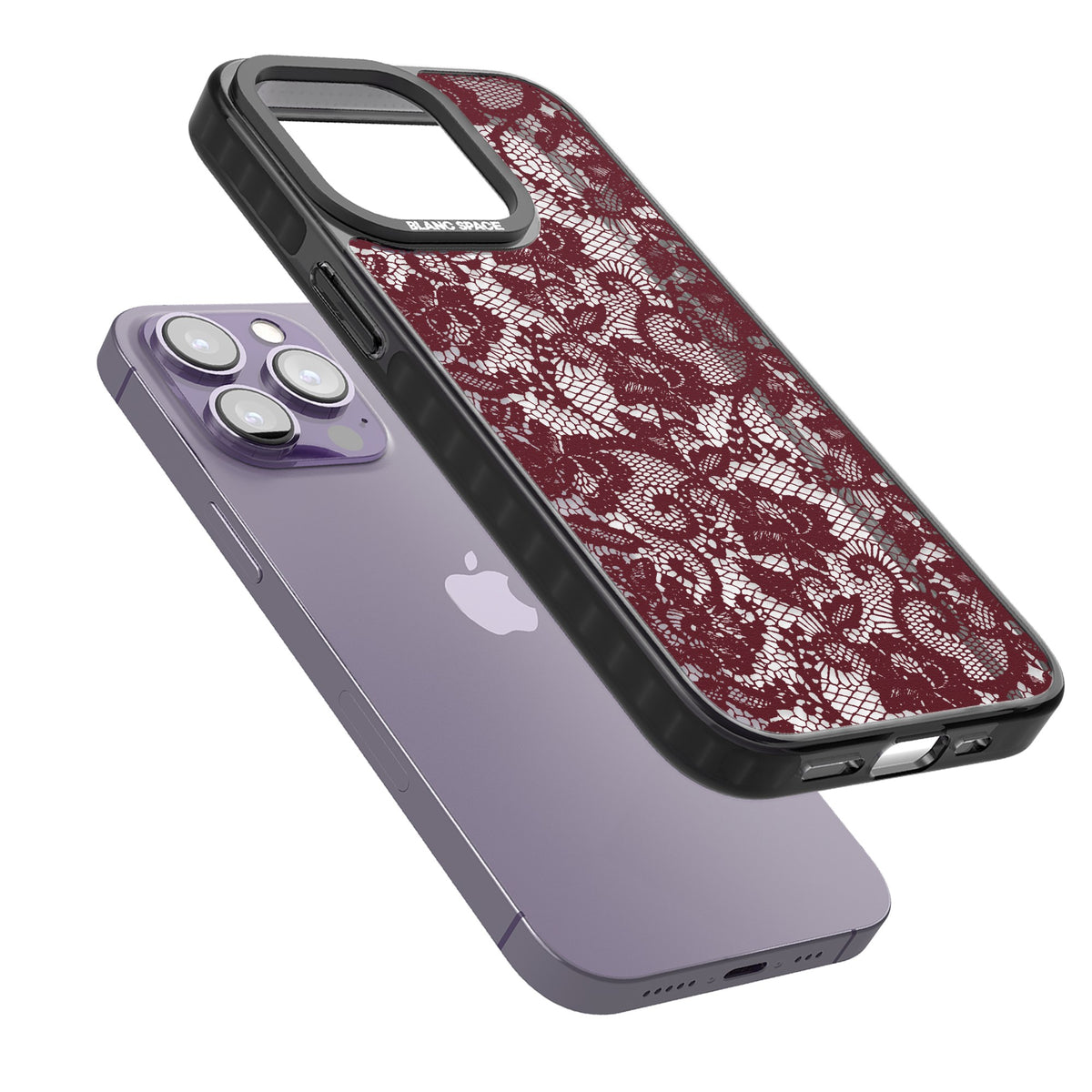 Burgundy Lace iPhone 12 Pro Max / iPhone 13 Pro / iPhone 13 Pro Max / iPhone 14 Pro / iPhone 14 Pro Max / iPhone 15 Pro / iPhone 15 Pro Max Impact Black Phone Case angled