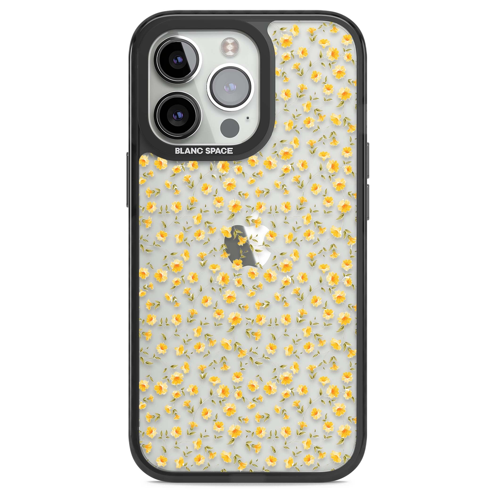 Buttercup wildflower iPhone case featuring tiny yellow flowers and trailing green vines on clear | Black Impact case for iPhone 13 Pro, iPhone 14 Pro, iPhone 15 Pro