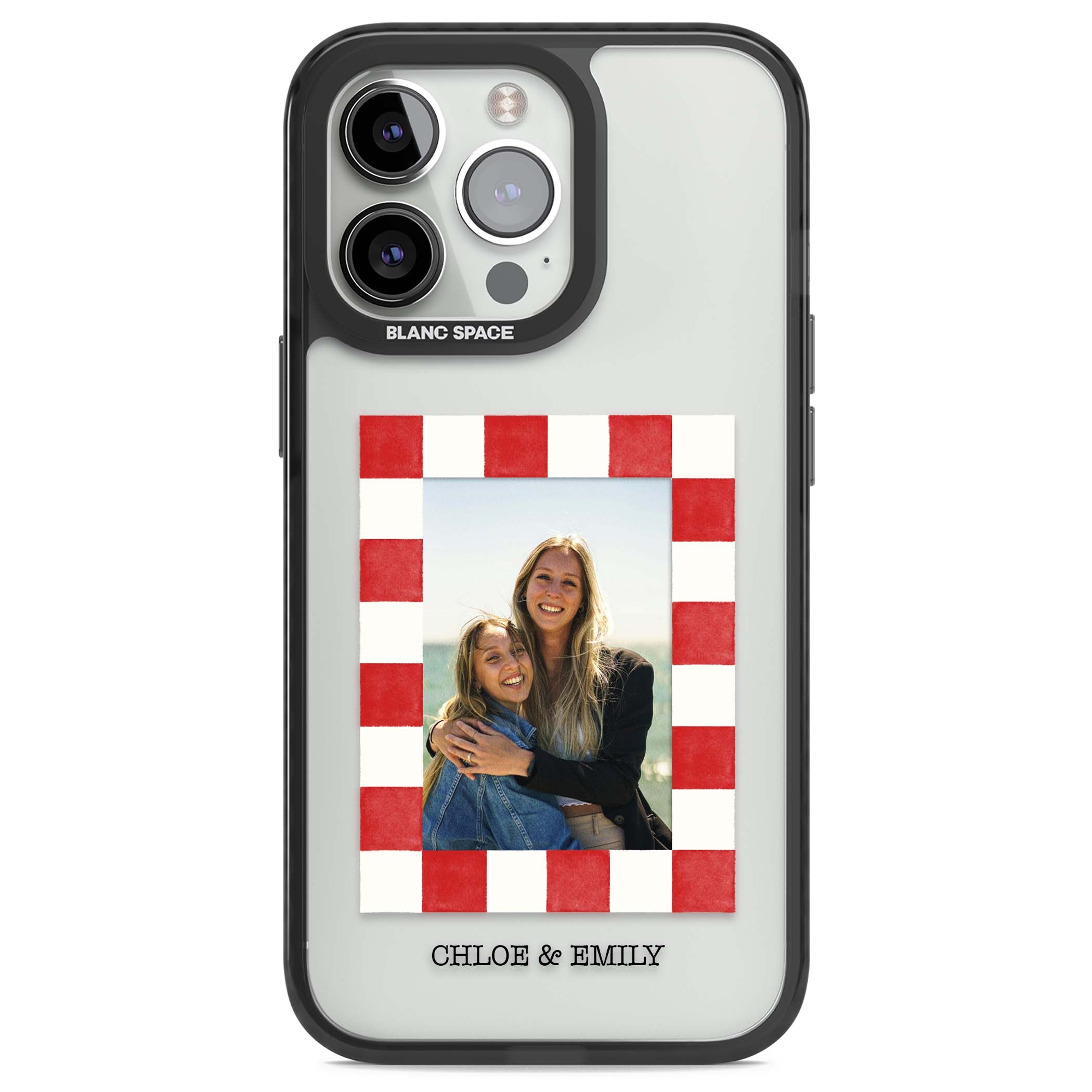 Red Check Photo personalised photo iPhone case with red and white checkered polaroid frame and custom couple name | Black Impact case for iPhone 13 Pro, iPhone 14 Pro, iPhone 15 Pro