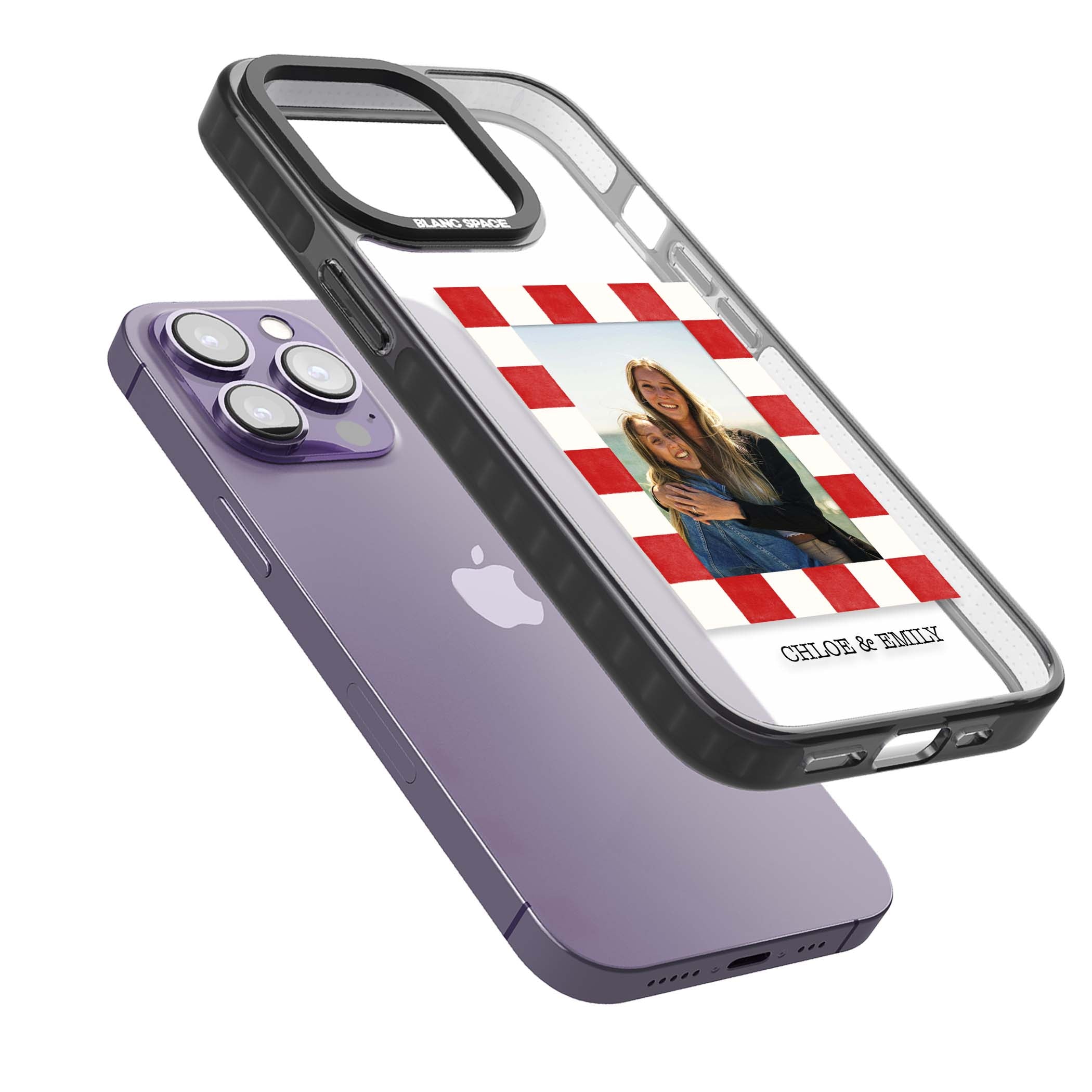 Red Check Photo personalised photo iPhone case with red and white checkered polaroid frame and custom couple name | Black Impact case for iPhone 13 Pro, iPhone 14 Pro, iPhone 15 Pro