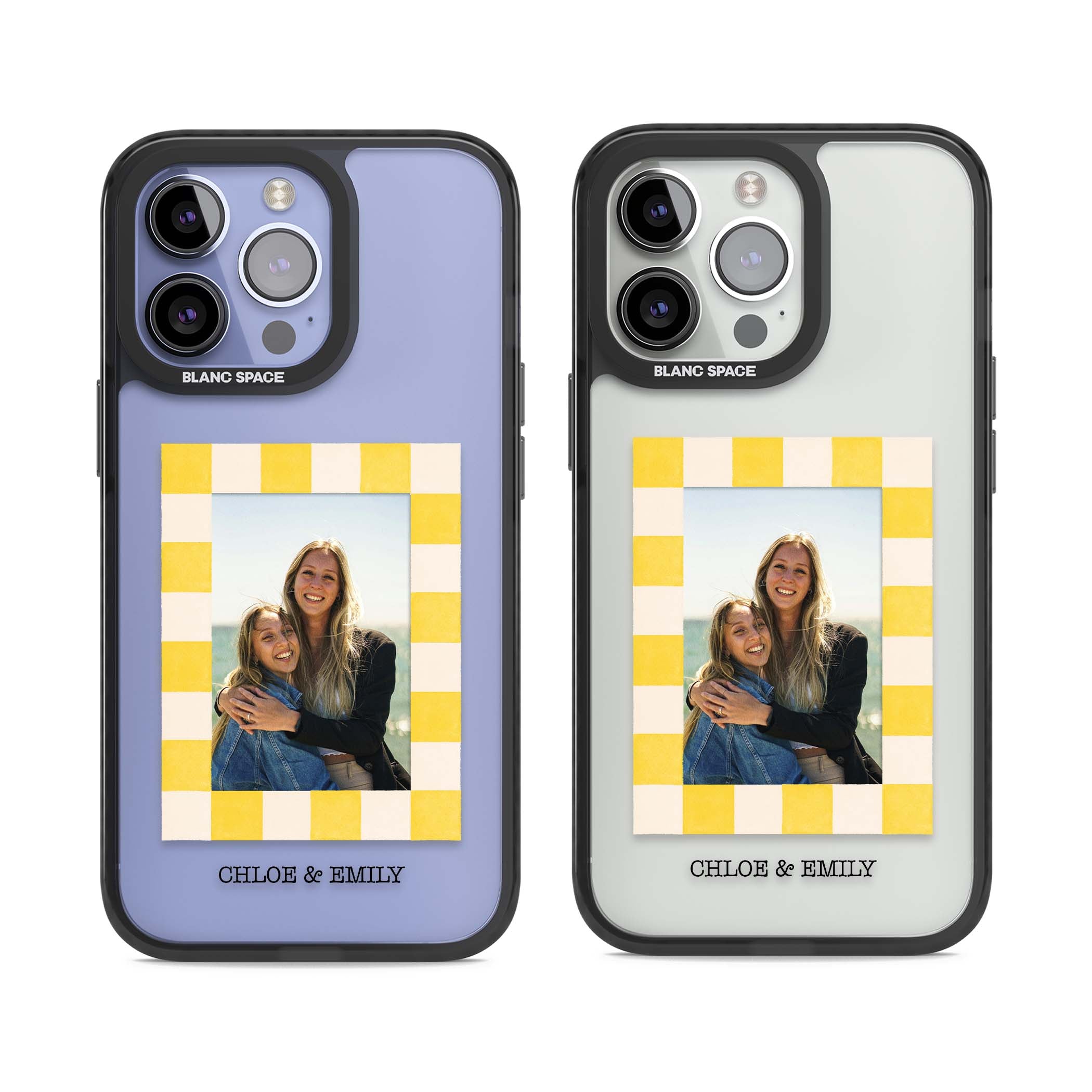 Yellow Check Photo personalised iPhone case with yellow checkered Polaroid frame and custom names beneath | Black Impact case for iPhone 13 Pro, iPhone 14 Pro, iPhone 15 Pro