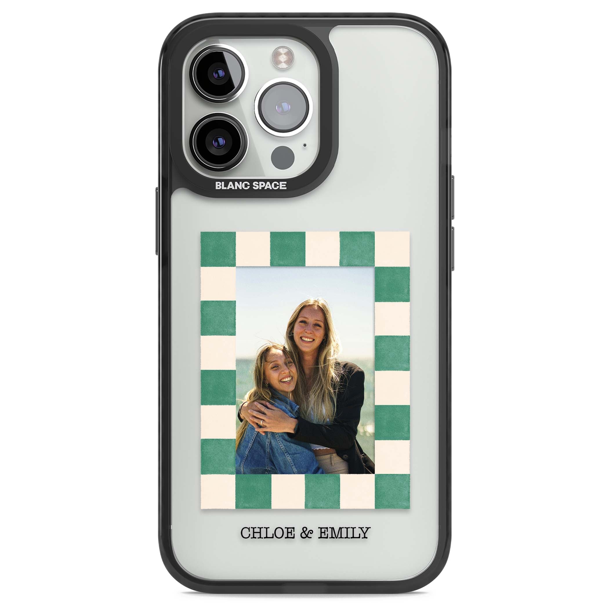 Seafoam Check Photo personalised iPhone case featuring a custom polaroid photo, green and cream checkered frame, and custom n | Black Impact case for iPhone 13 Pro, iPhone 14 Pro, iPhone 15 Pro