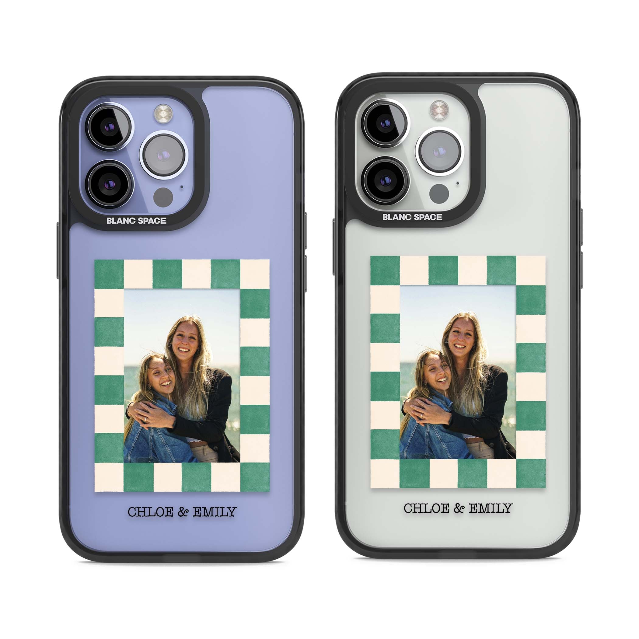 Seafoam Check Photo personalised iPhone case featuring a custom polaroid photo, green and cream checkered frame, and custom n | Black Impact case for iPhone 13 Pro, iPhone 14 Pro, iPhone 15 Pro