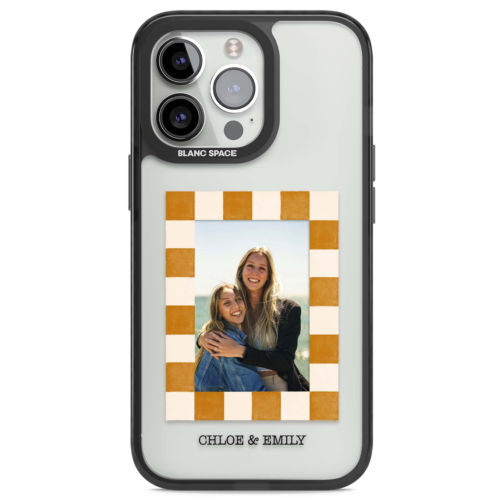 Citrus Check Photo personalised iPhone case with custom photo, orange checkered frame and names underneath | Black Impact case for iPhone 13 Pro, iPhone 14 Pro, iPhone 15 Pro