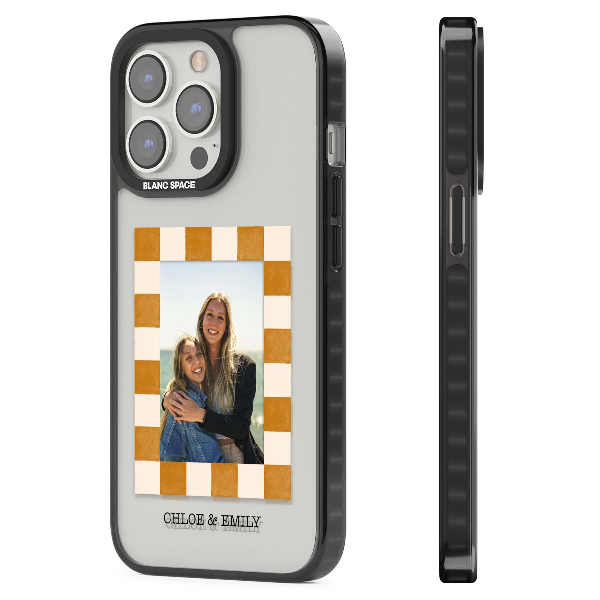 Citrus Check Photo personalised iPhone case with custom photo, orange checkered frame and names underneath | Black Impact case for iPhone 13 Pro, iPhone 14 Pro, iPhone 15 Pro
