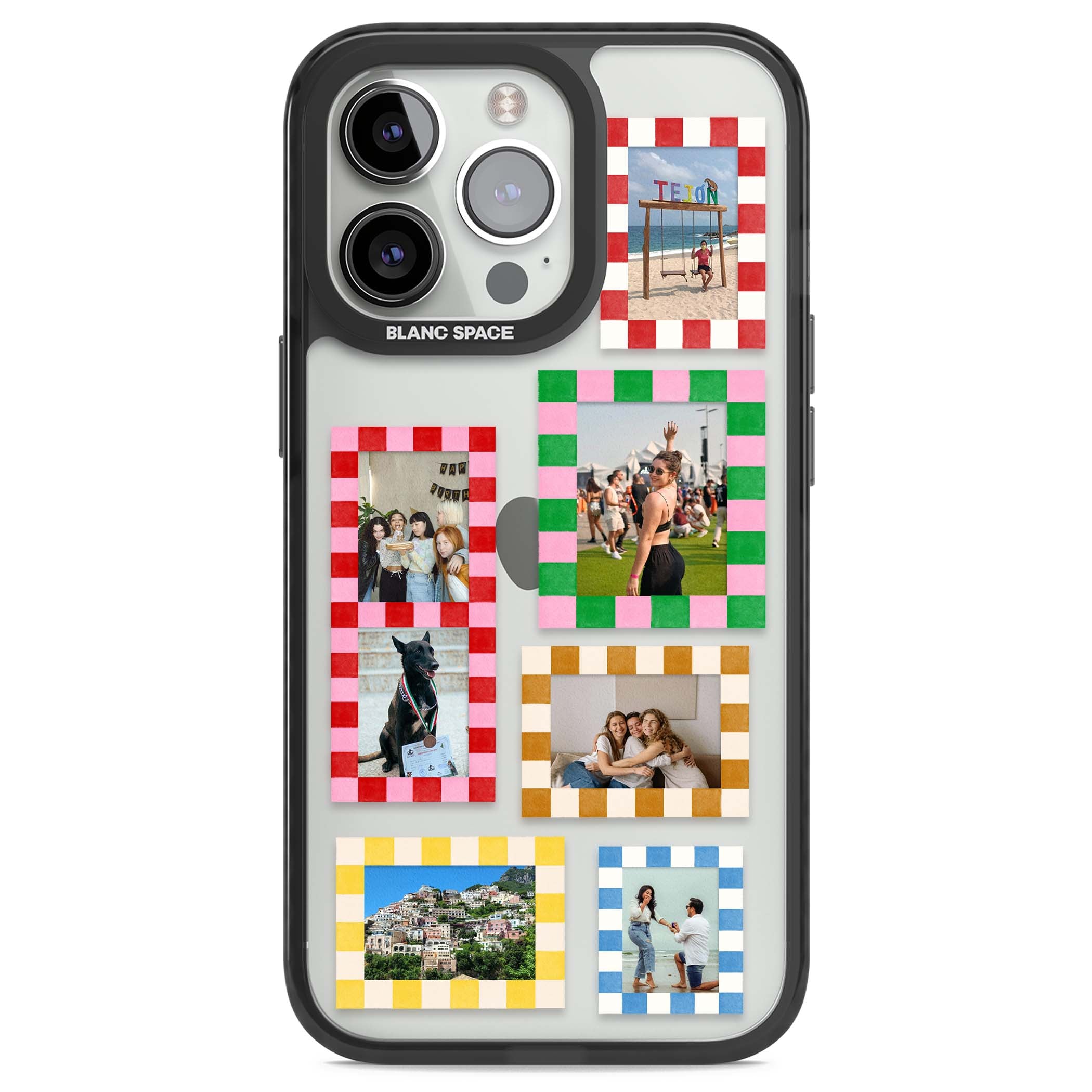 Italian Check Frames custom photo collage iPhone case featuring six checkered photo frames in red, green, pink and | Black Impact case for iPhone 13 Pro, iPhone 14 Pro, iPhone 15 Pro