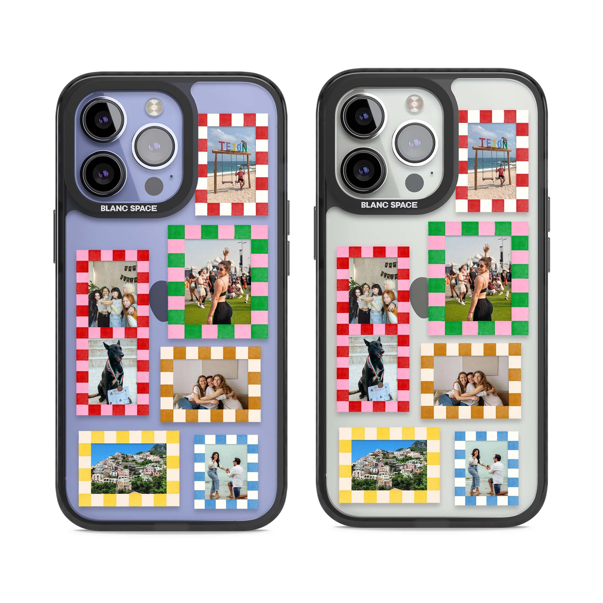 Italian Check Frames custom photo collage iPhone case featuring six checkered photo frames in red, green, pink and | Black Impact case for iPhone 13 Pro, iPhone 14 Pro, iPhone 15 Pro