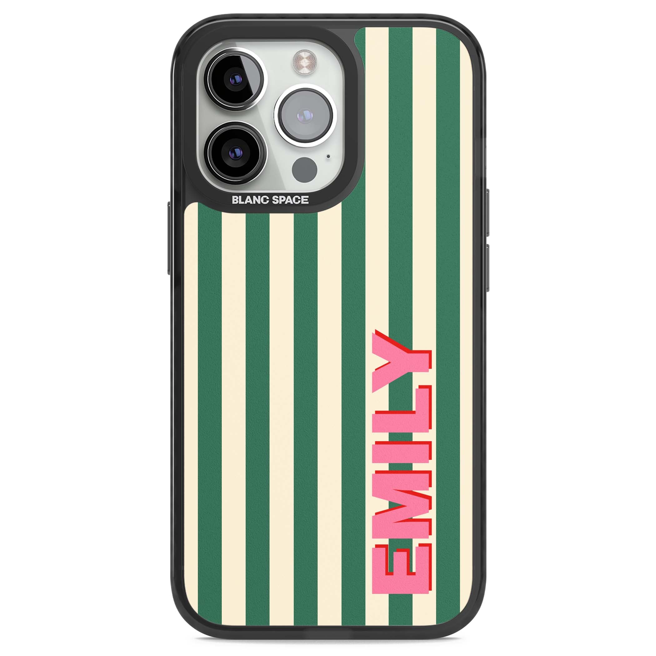 Wimbledon Stripe preppy iPhone case featuring green and cream vertical stripes with a personalised pink name | Black Impact case for iPhone 13 Pro, iPhone 14 Pro, iPhone 15 Pro