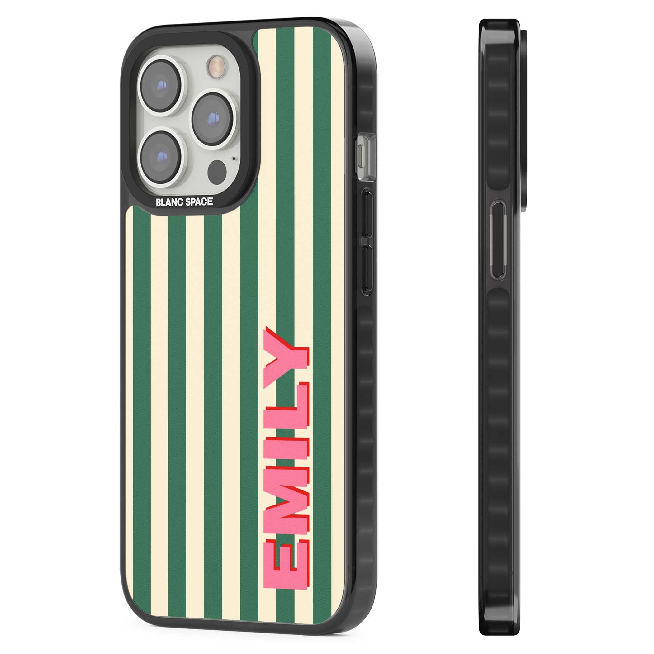 Wimbledon Stripe preppy iPhone case featuring green and cream vertical stripes with a personalised pink name | Black Impact case for iPhone 13 Pro, iPhone 14 Pro, iPhone 15 Pro