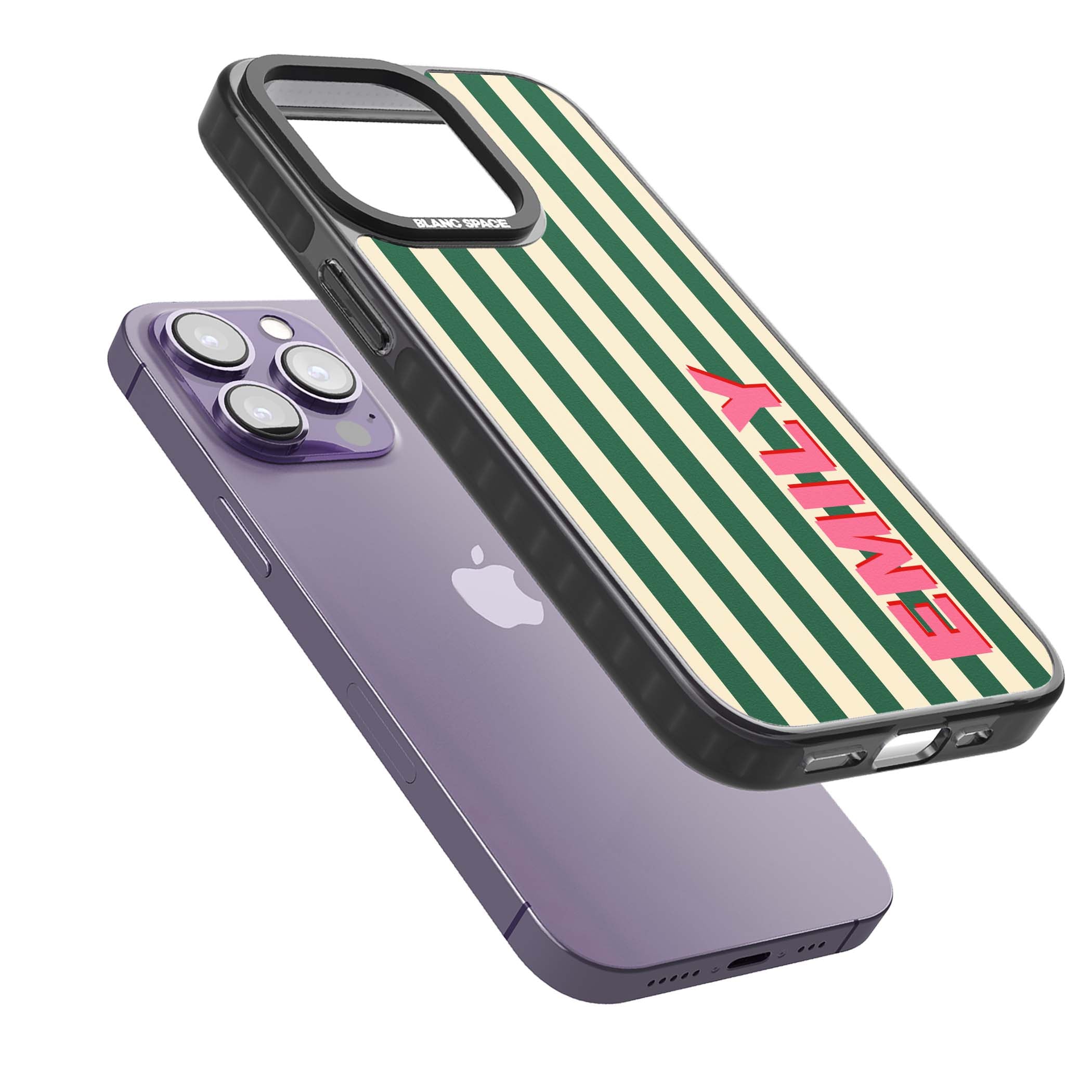 Wimbledon Stripe preppy iPhone case featuring green and cream vertical stripes with a personalised pink name | Black Impact case for iPhone 13 Pro, iPhone 14 Pro, iPhone 15 Pro