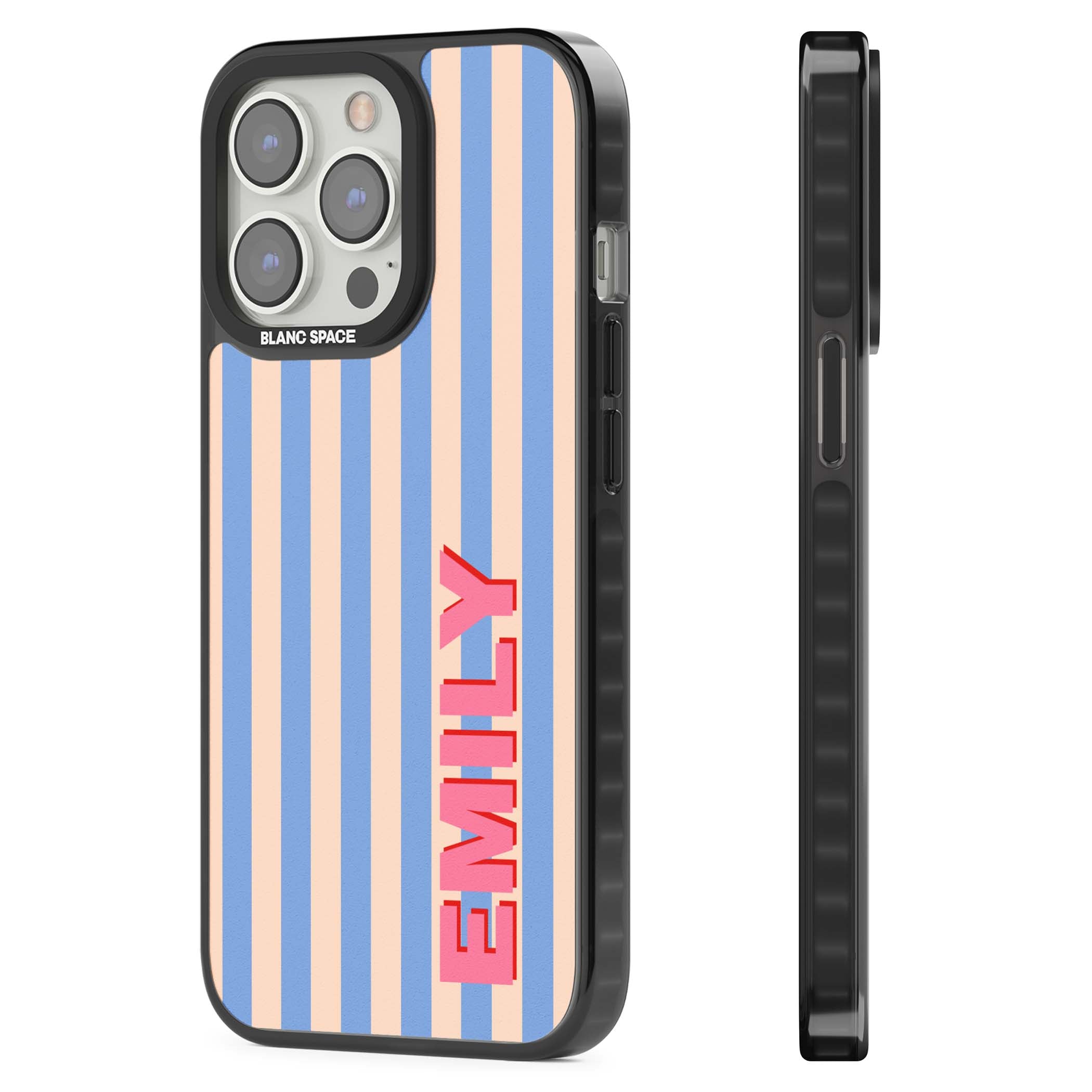 Coastal Stripe personalised coastal iPhone case with blue and peach vertical stripes and custom pink name | Black Impact case for iPhone 13 Pro, iPhone 14 Pro, iPhone 15 Pro