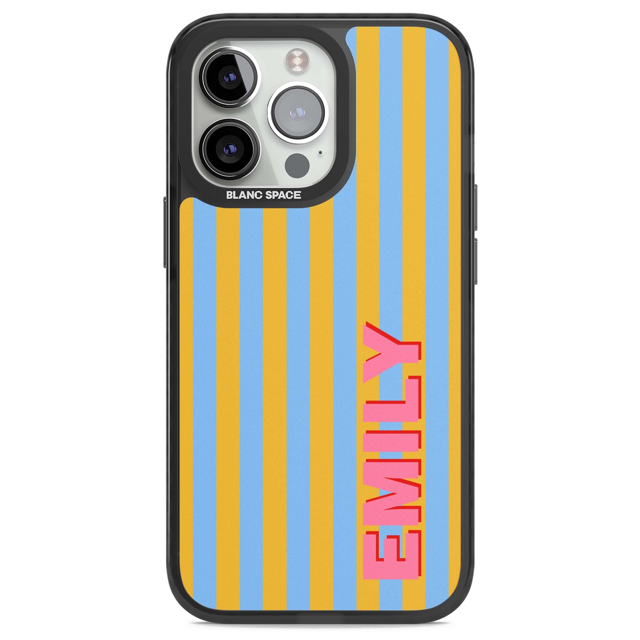 Carribean Stripe personalised coastal iPhone case with yellow and blue vertical stripes and a custom pink name | Black Impact case for iPhone 13 Pro, iPhone 14 Pro, iPhone 15 Pro