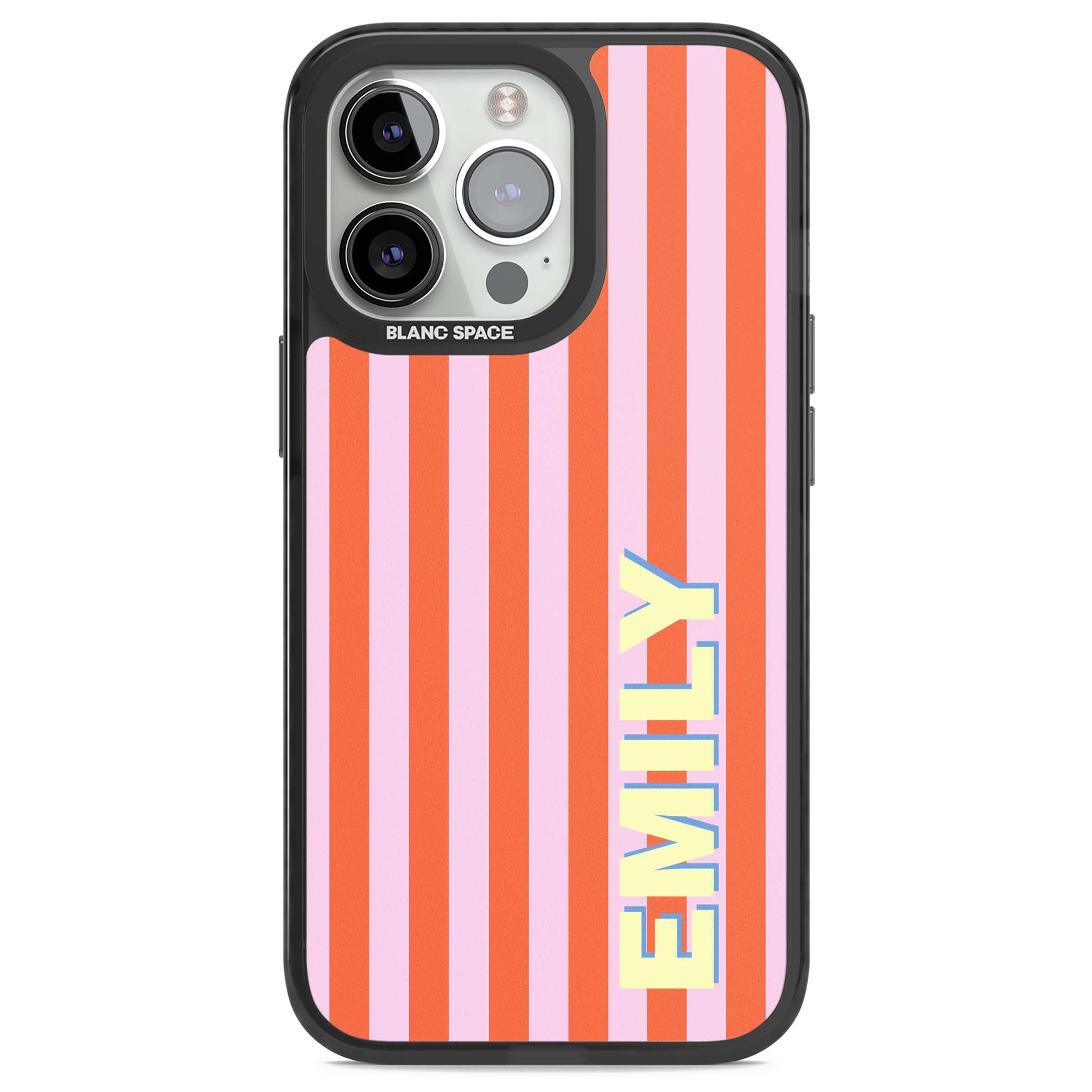 Havana Stripe personalised iPhone case featuring pink and orange vertical stripes with a custom yellow name | Black Impact case for iPhone 13 Pro, iPhone 14 Pro, iPhone 15 Pro
