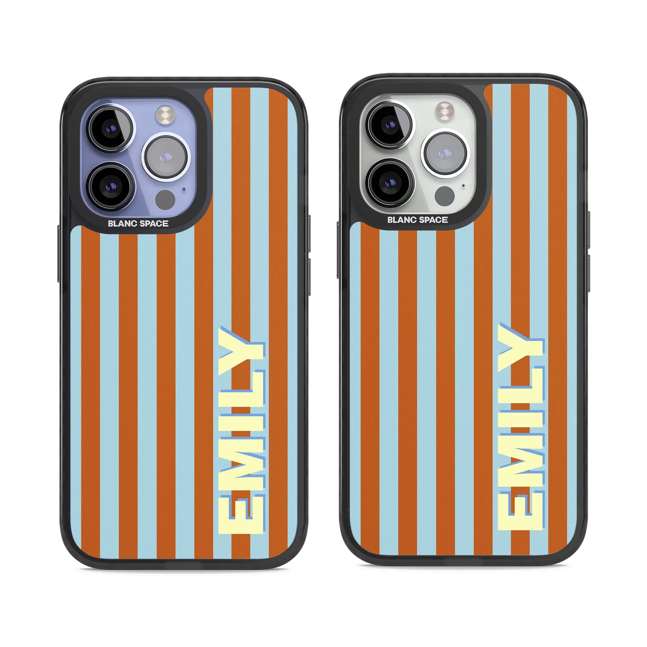 Cappadocia Stripe personalised coastal iPhone case featuring blue and orange vertical stripes with custom cream name | Black Impact case for iPhone 13 Pro, iPhone 14 Pro, iPhone 15 Pro