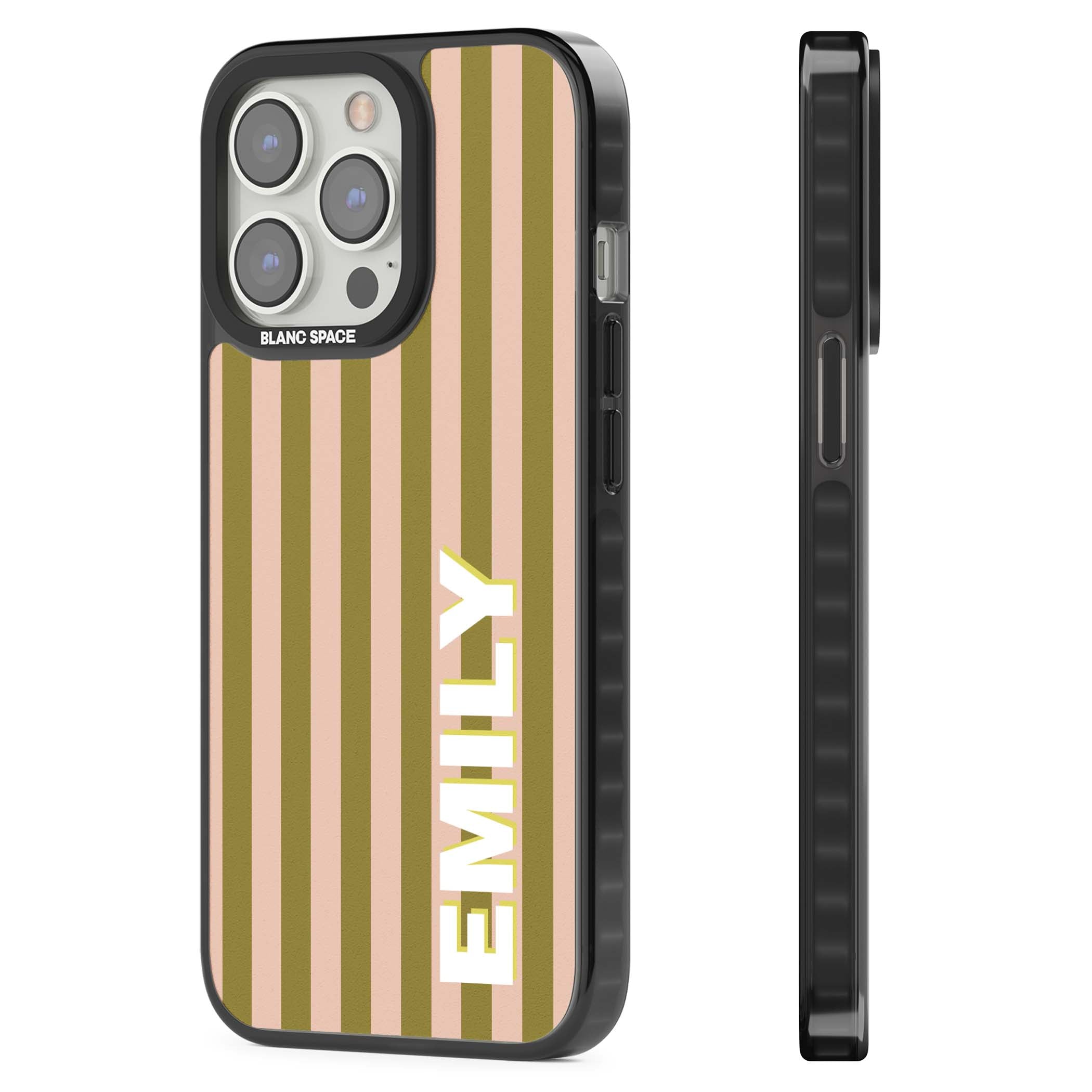 Indian Stripe personalised iPhone case featuring olive green and blush pink vertical stripes with custom name in whit | Black Impact case for iPhone 13 Pro, iPhone 14 Pro, iPhone 15 Pro