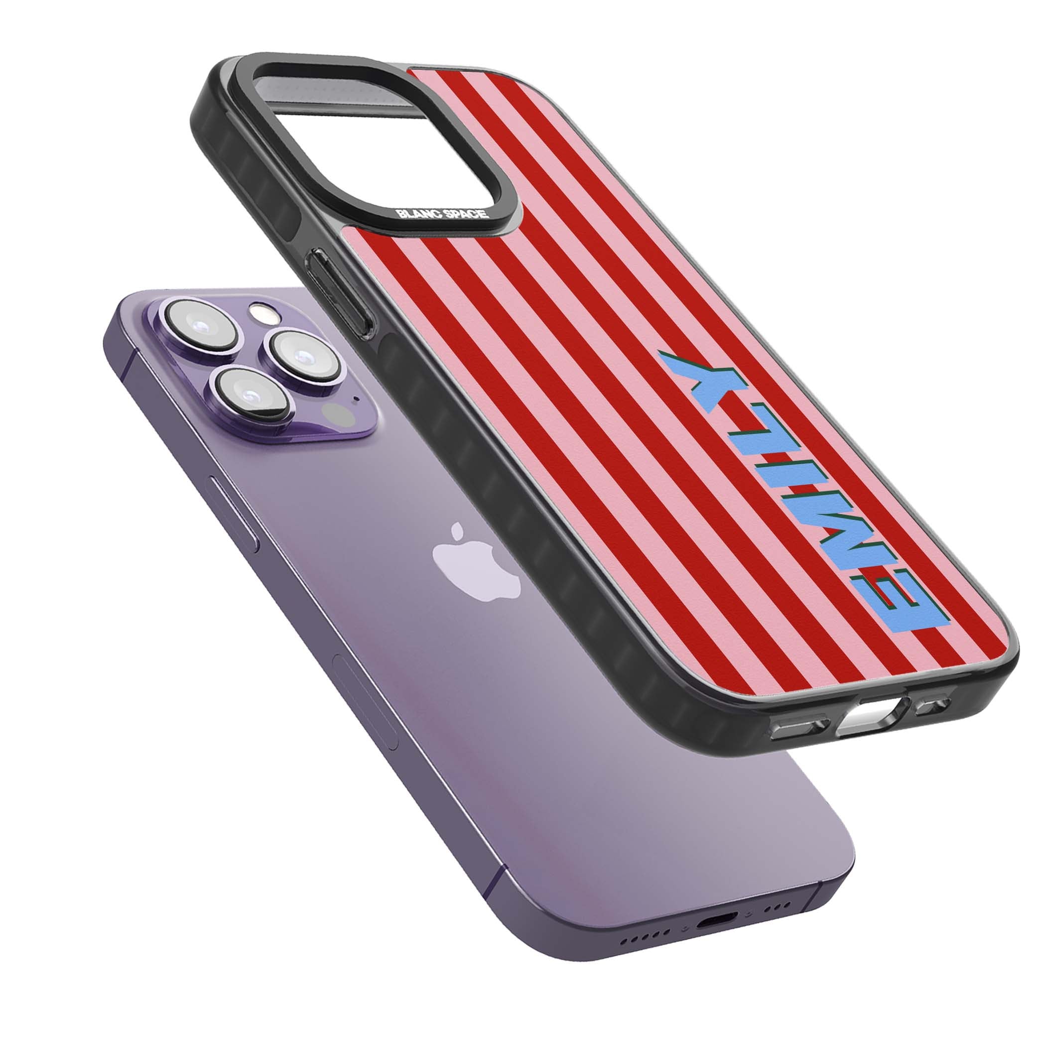 Market Stripe personalised iPhone case with red and pink vertical stripes and custom blue name | Black Impact case for iPhone 13 Pro, iPhone 14 Pro, iPhone 15 Pro