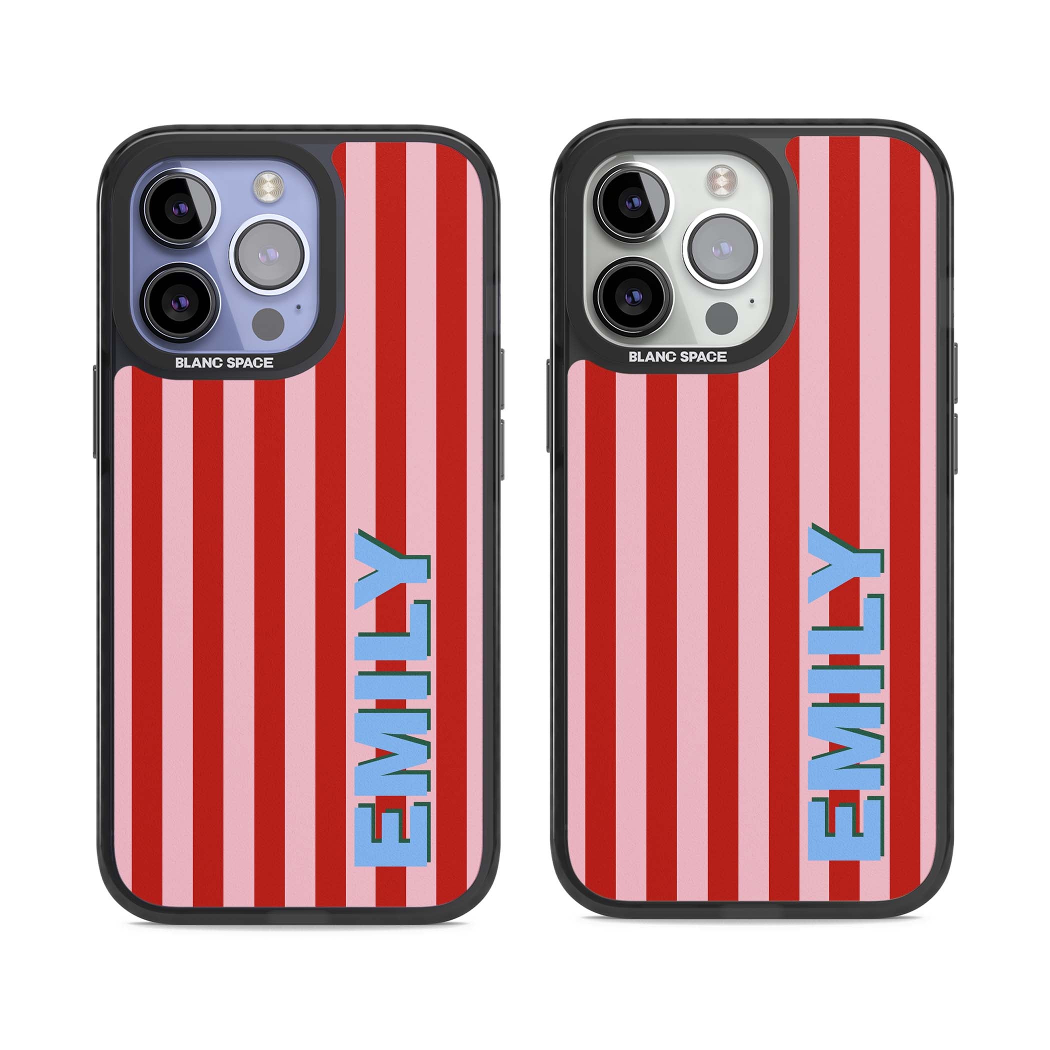 Market Stripe personalised iPhone case with red and pink vertical stripes and custom blue name | Black Impact case for iPhone 13 Pro, iPhone 14 Pro, iPhone 15 Pro