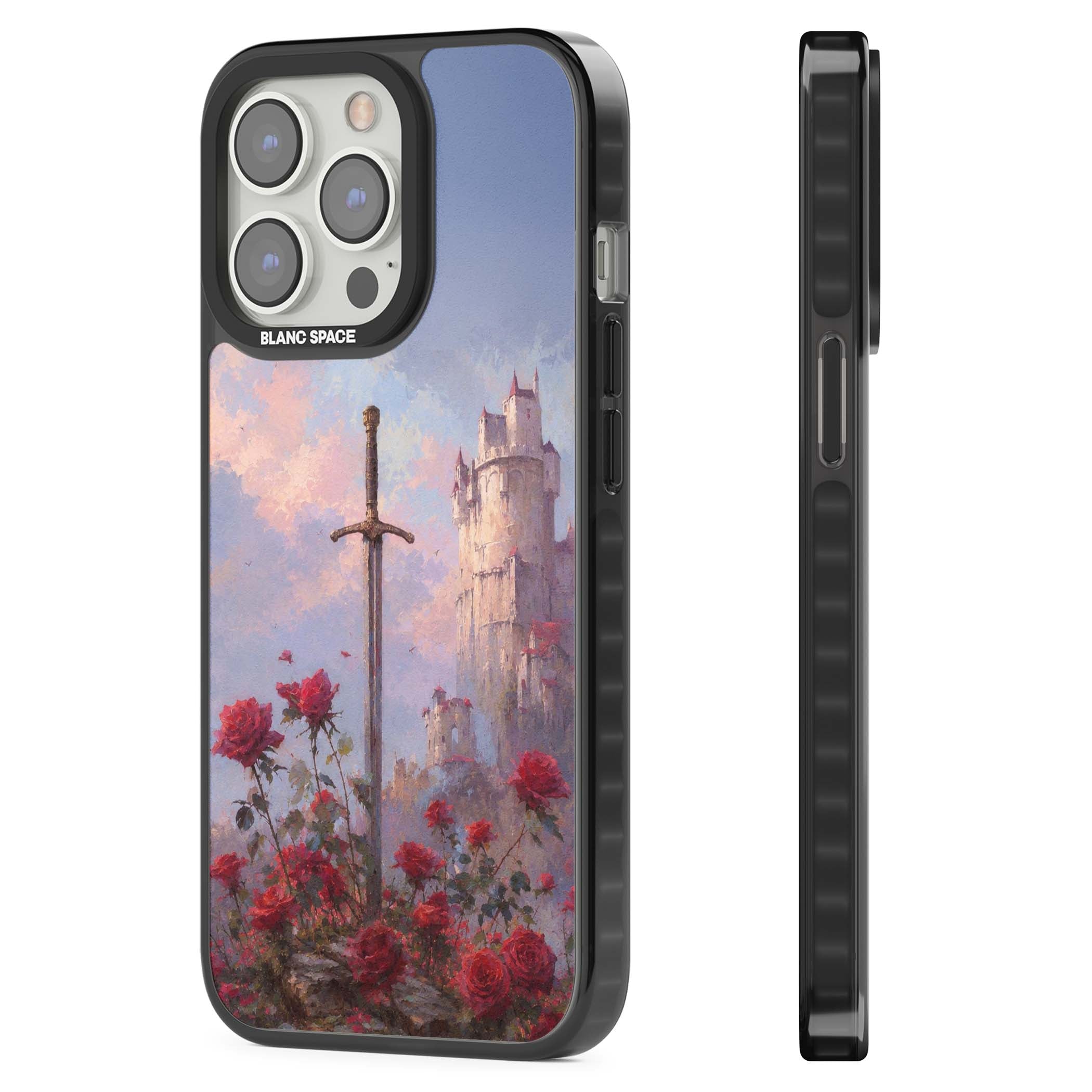 Sword in Roses medieval art iPhone case featuring a sword, red roses, and a misty fairytale castle at sunset | Black Impact case for iPhone 13 Pro, iPhone 14 Pro, iPhone 15 Pro