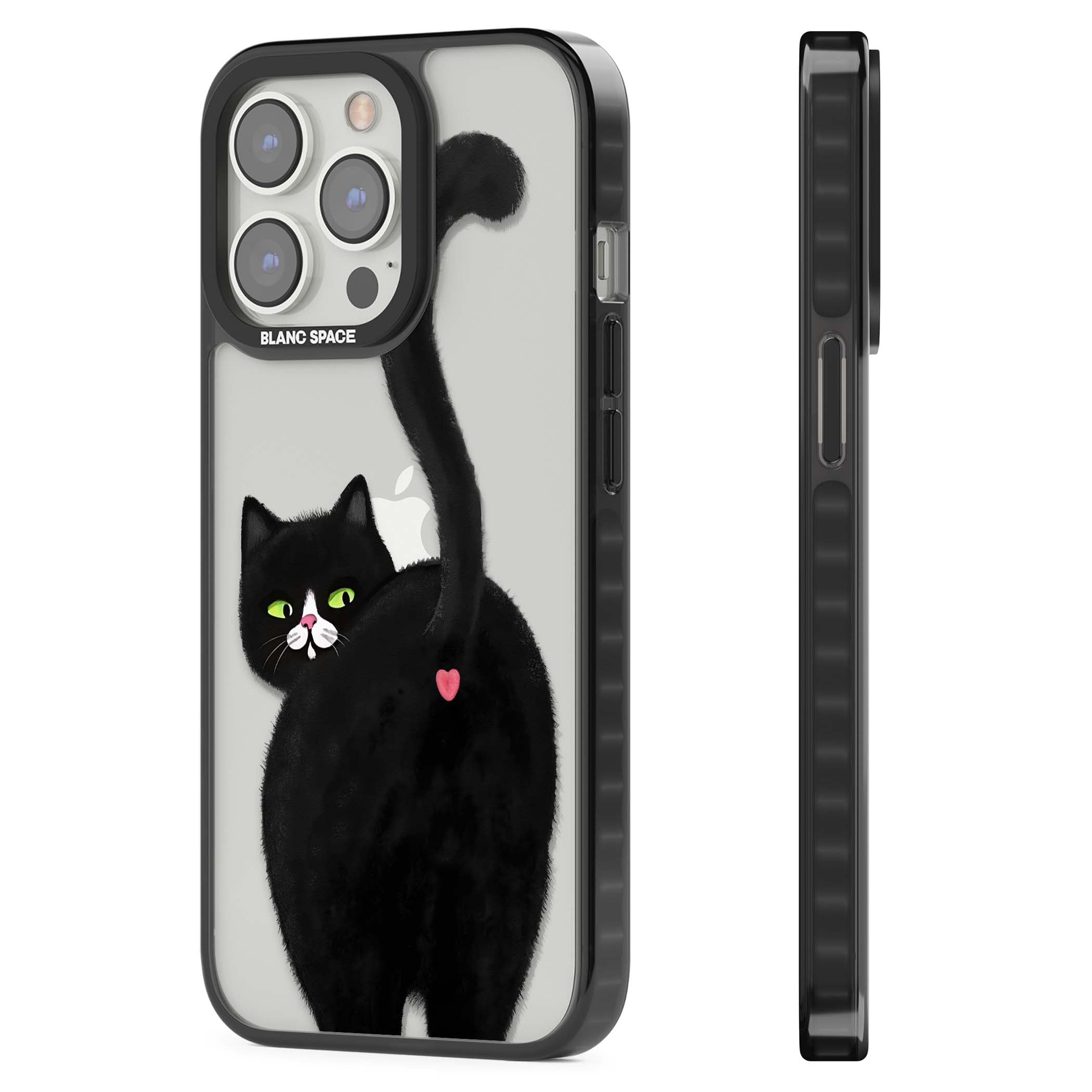 The Cat's Kiss cute cat iPhone case featuring a hand-painted tuxedo kitty with green eyes and a pink heart on a clear | Black Impact case for iPhone 13 Pro, iPhone 14 Pro, iPhone 15 Pro