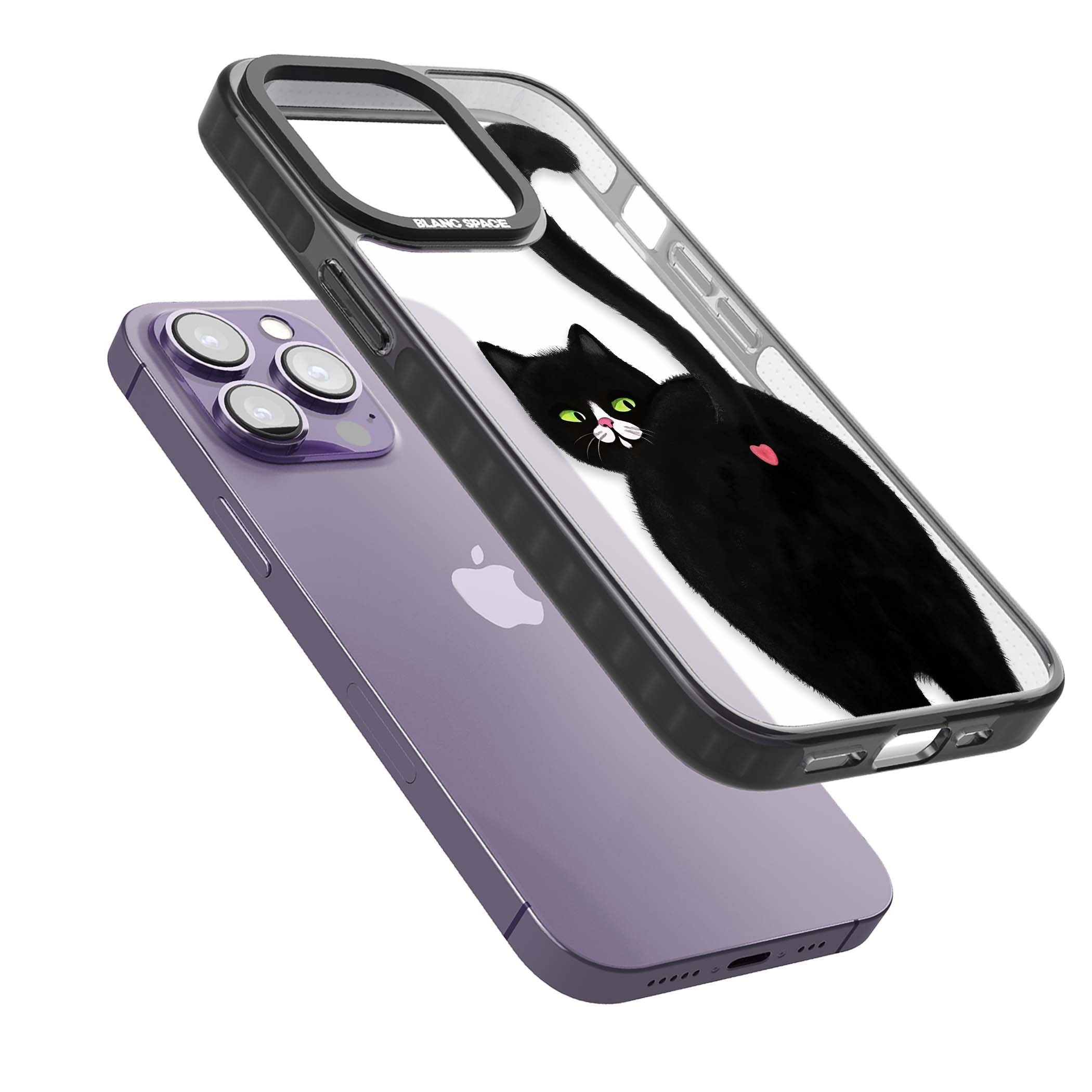 The Cat's Kiss cute cat iPhone case featuring a hand-painted tuxedo kitty with green eyes and a pink heart on a clear | Black Impact case for iPhone 13 Pro, iPhone 14 Pro, iPhone 15 Pro