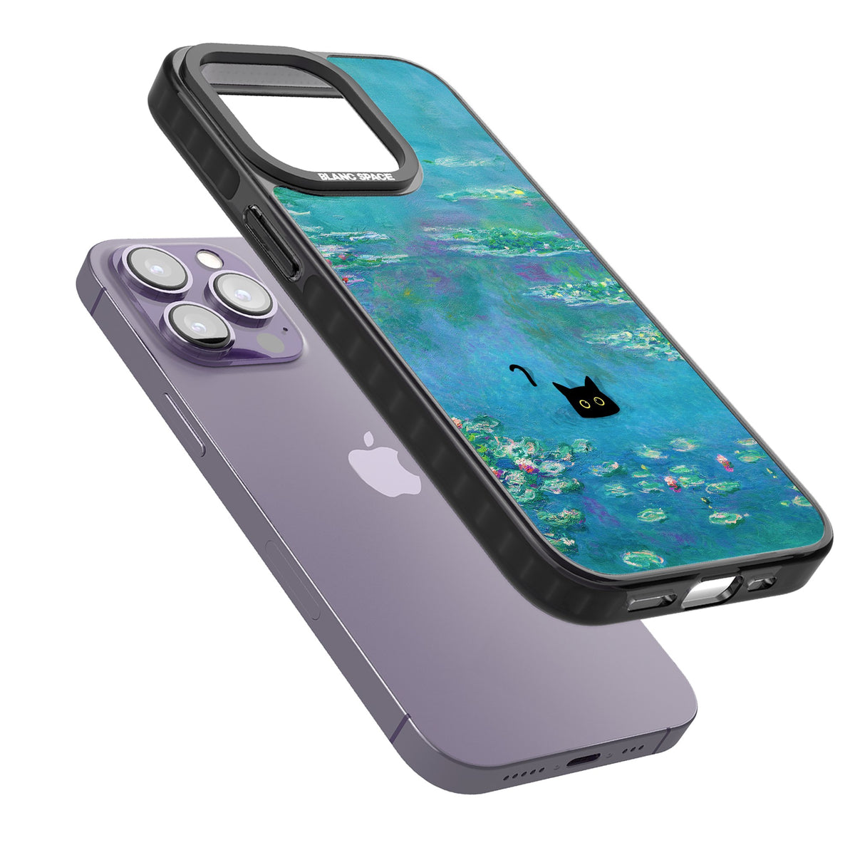 Cat in Monet's Water Lillies iPhone 12 Pro Max / iPhone 13 Pro / iPhone 13 Pro Max / iPhone 14 Pro / iPhone 14 Pro Max / iPhone 15 Pro / iPhone 15 Pro Max Impact Black Phone Case angled