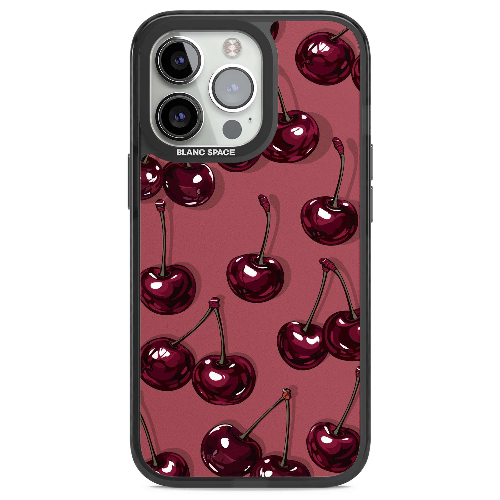 Cherry Rebel coquette iPhone case featuring glossy burgundy cherries on a dusty rose background | Black Impact case for iPhone 13 Pro, iPhone 14 Pro, iPhone 15 Pro